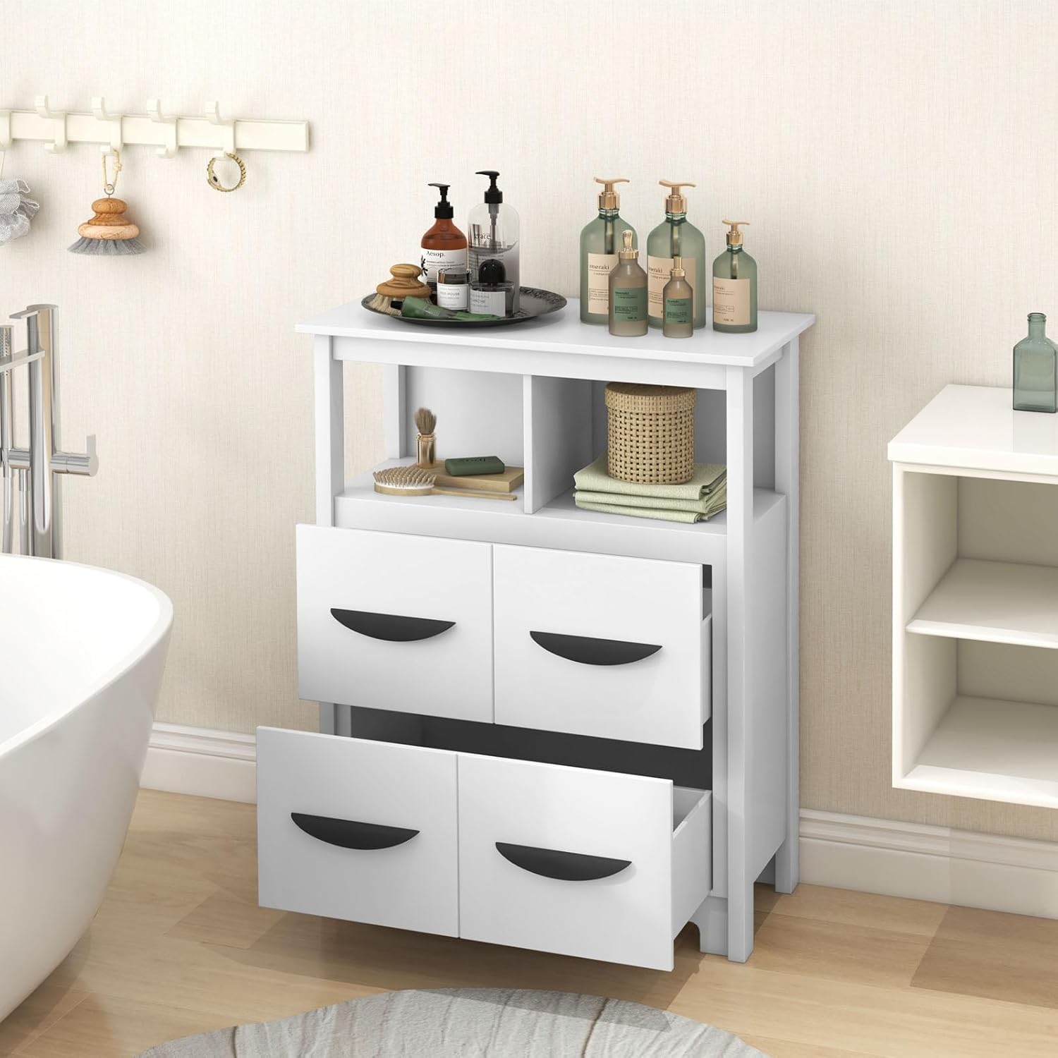 LOKO Bathroom Floor Storage Cabinet, Modern Side Cabinet with 2 Open Compartments & 2 Drawers, Freestanding Storage Organizer, Accent Console Table for Living Room, Kitchen, Entryway, White