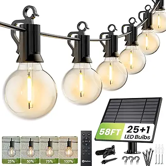 Brightown 58FT Solar String Lights with Remote, 26 Shatterproof Bulbs, 3 Modes, Timer, and USB Backup