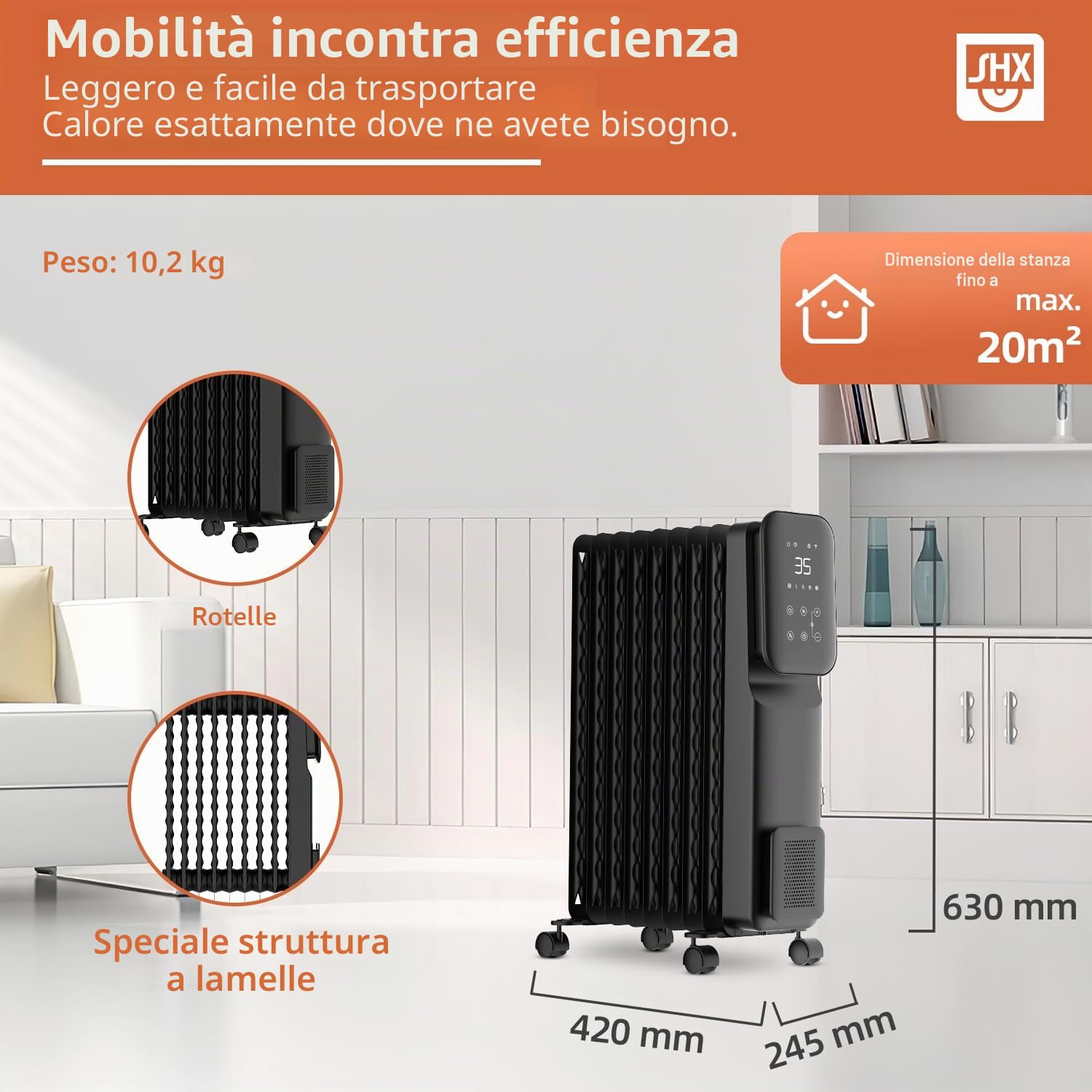 SHX Radiatore ad olio 2000 Watt con WiFi, 3 livelli di riscaldamento, timer 24 ore, termostato elettronico, funzione boost, riscalda fino a 40 mq di superficie