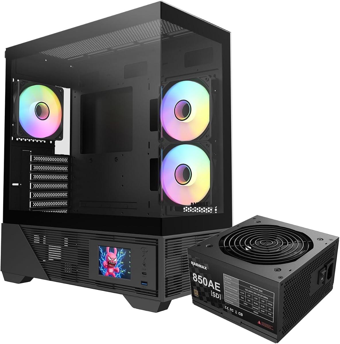 RAIDMAX i803 Panoramic LCD Gaming PC Case Series, Includes 650W 80+ Gold SI PSU & Digital Temp Display ARGB Air Cooler, High Airflow, Supports 400mm GPU & 360mm AIO (Case + PSU)
