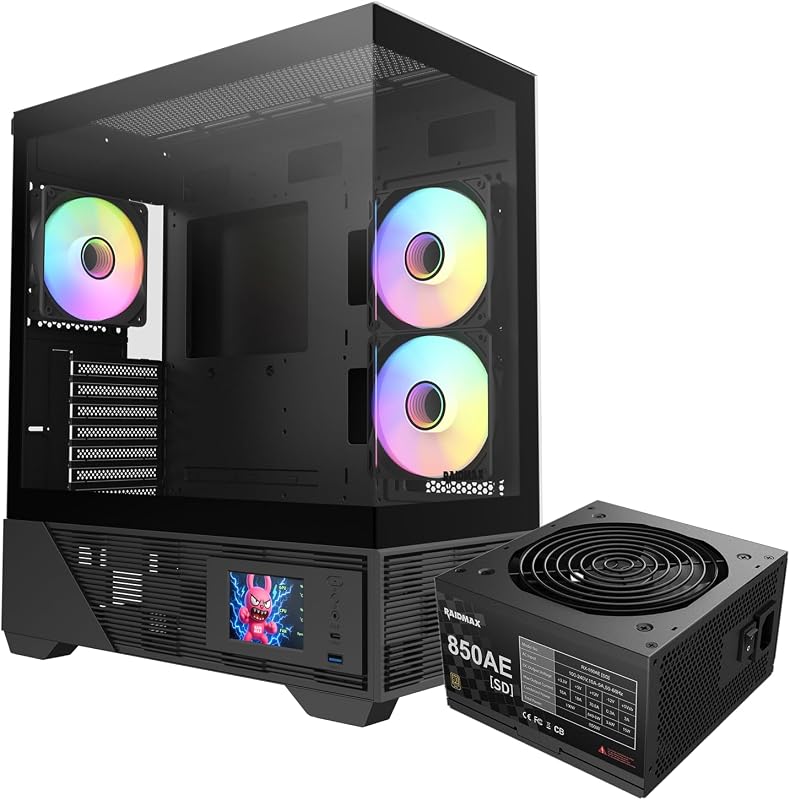RAIDMAX i803 Panoramic LCD Gaming PC Case Series, Includes 650W 80+ Gold SI PSU & Digital Temp Display ARGB Air Cooler, High Airflow, Supports 400mm GPU & 360mm AIO (Case + PSU)