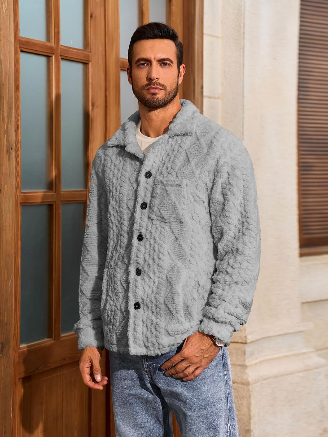 Yousify Mens Fuzzy Sherpa Jacket Fleece Casual Button Down Textured Coat Fall Winter Warm Outwear - Image 4