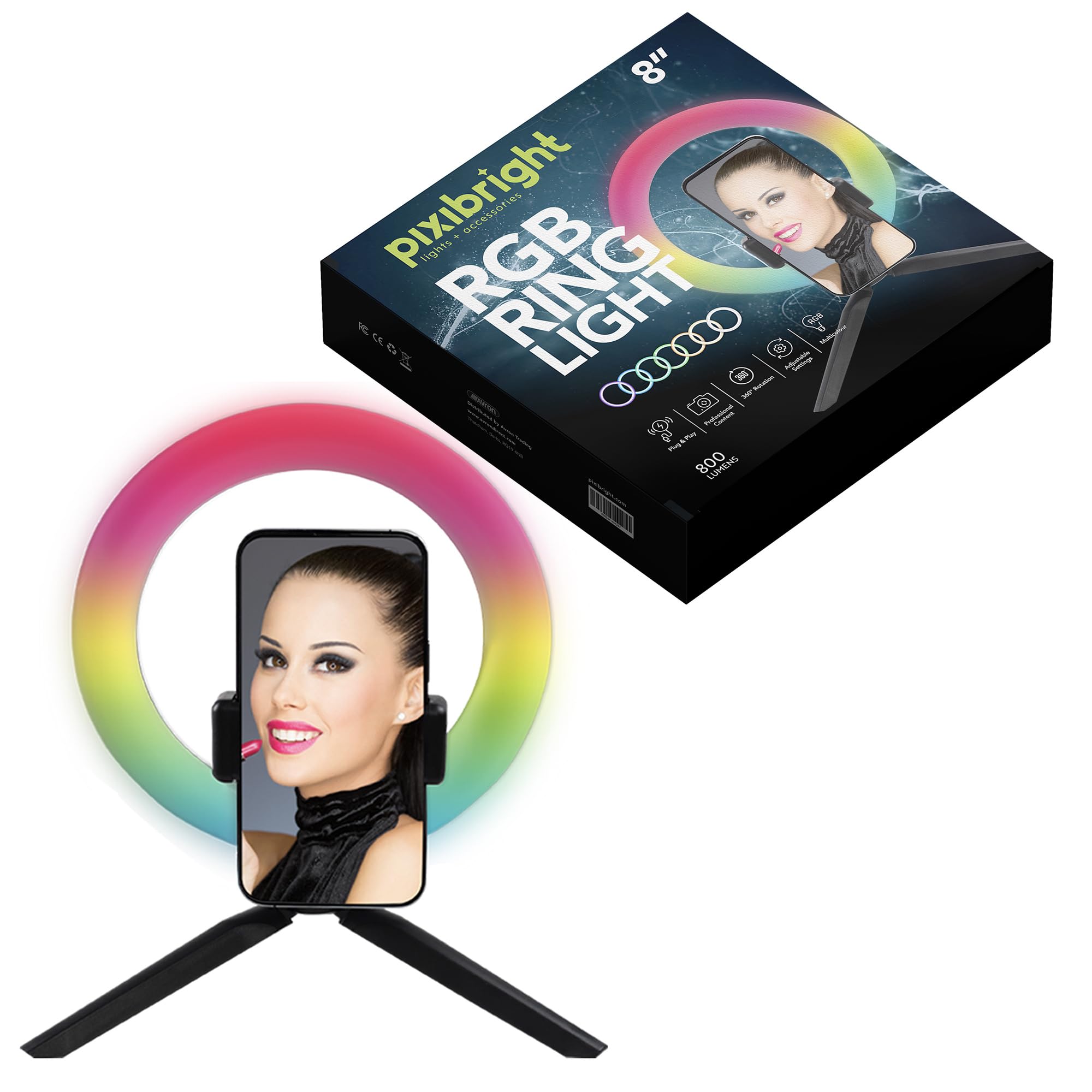 Pixibright Light Rgb Ring 8" - 1.6M Tripod Stand, Phone Mount, 2M Usb Cable, Bluetooth Remote, And 800 Lumens For Perfect Ing - Ideal For Vlogging, Streaming, And Photography