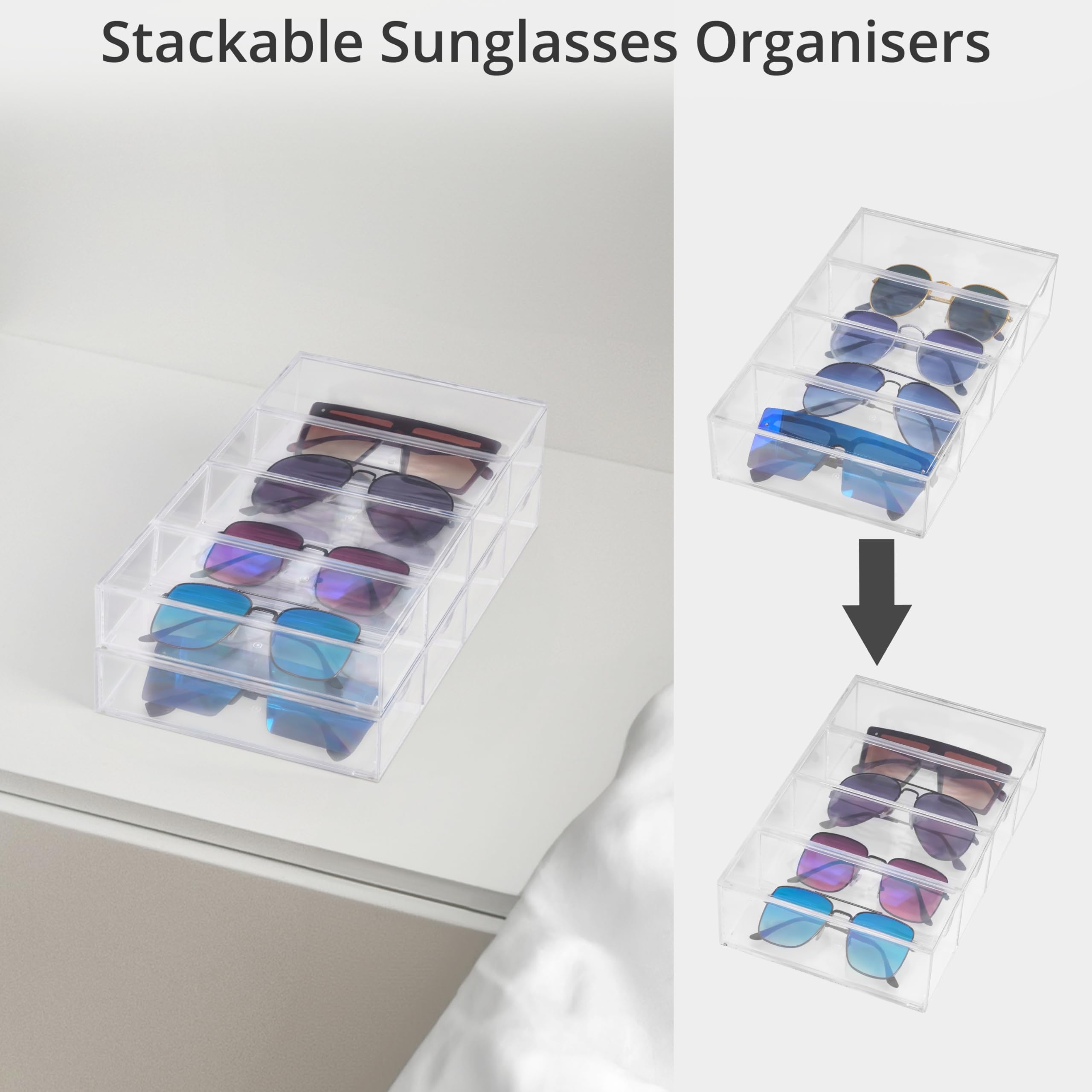 Winter Shore Organizer na Okulary z Akrylu z 4 Szufladami [Zestaw 2szt.] - Przezroczysty Pojemnik na Okulary, Okulary Przeciwsłoneczne i Akcesoria - Zestaw 2 Stosowalnych Organizerów na 8 Par Okularów