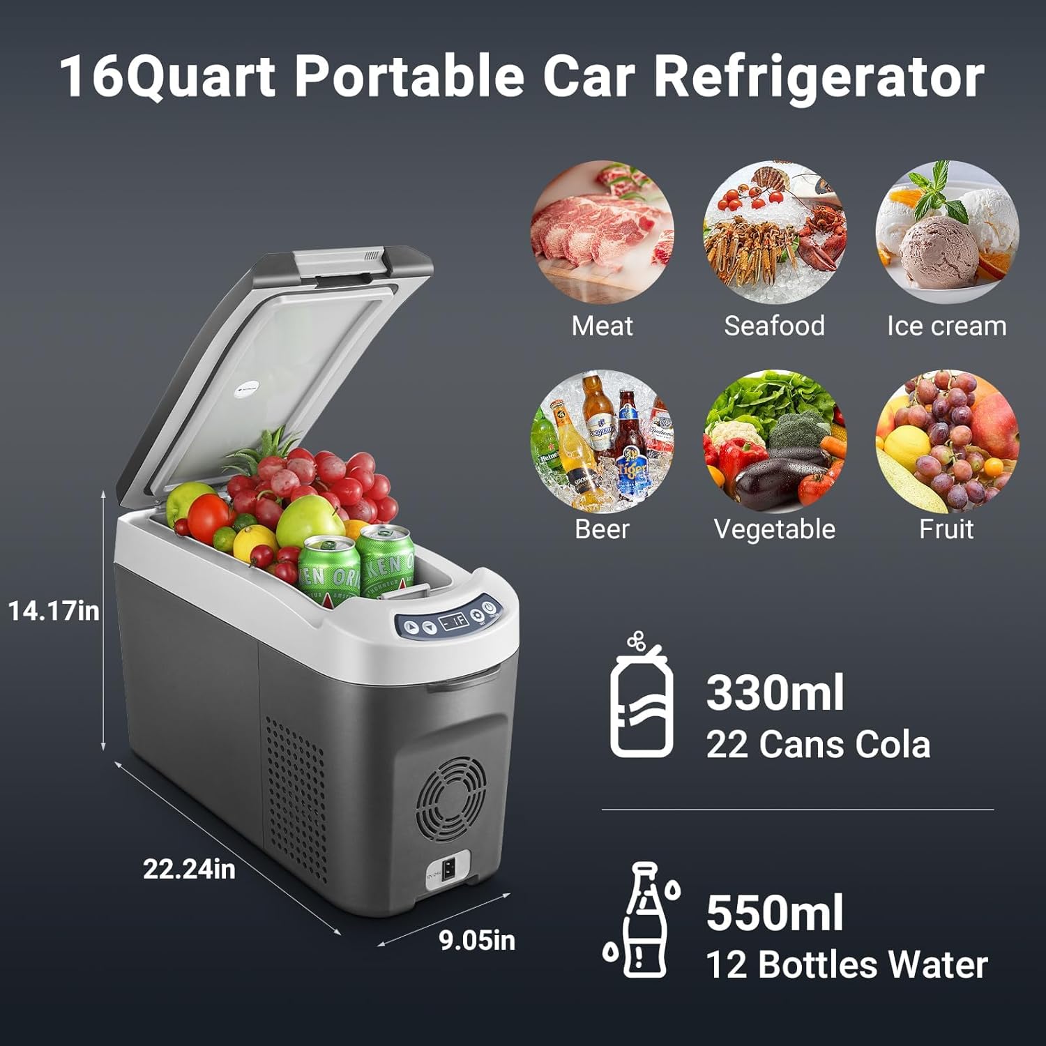 BODEGA BODEGACOOLER 12 Volt Car Refrigerator, Portable Car Fridge, Small Freezer with 12/24V DC(-4℉~68℉), 16 Quart Car Cooler for Outdoor, Vehicles, Camping, Travel