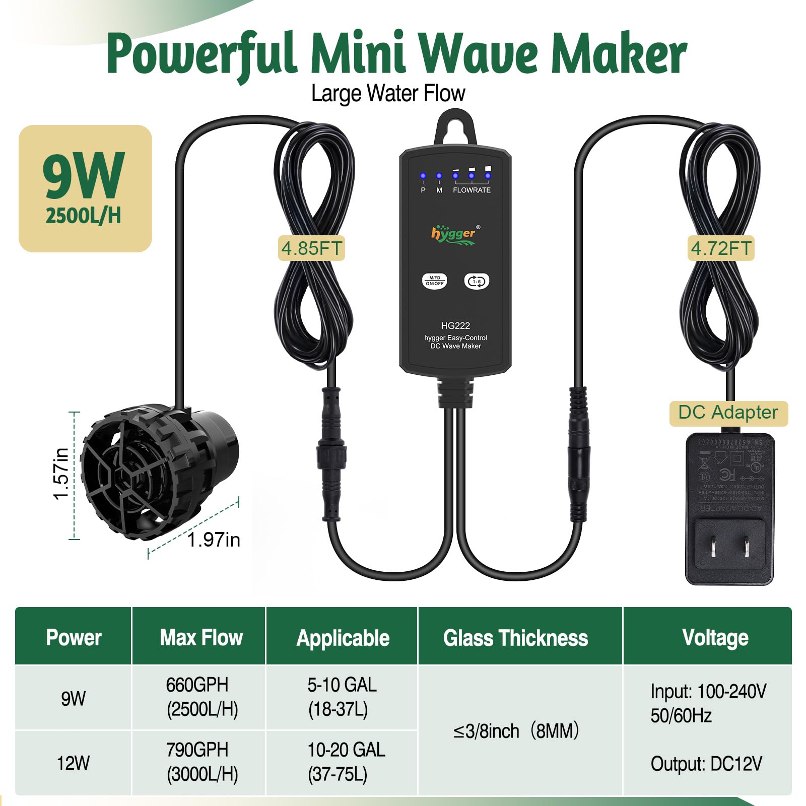 Hygger – pompa do akwarium, Mini Wavemaker 9W 2500L/h, 660GPH, magnetyczna pompa falowa, pompa cyrkulacyjna do wody morskiej, 3 tryby, 6 regulowanych prędkości, pompa obiegowa do akwarii 18-37L