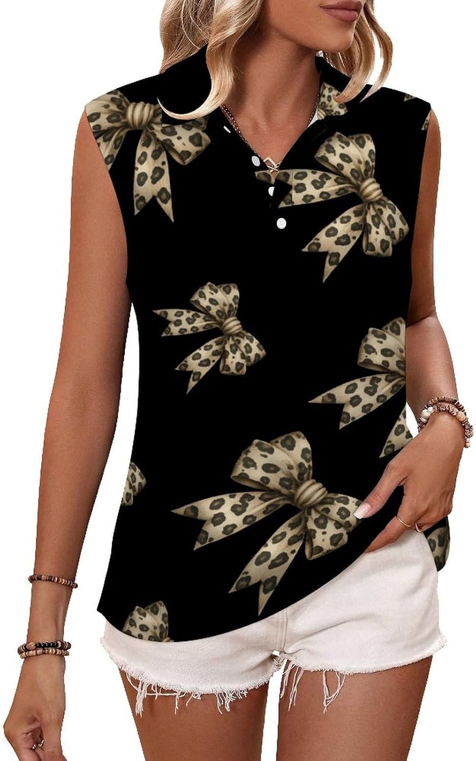 Classic Leopard Bow Womens Sleeveless V Neck Golf Polo Shirts | Collared Tank Tops