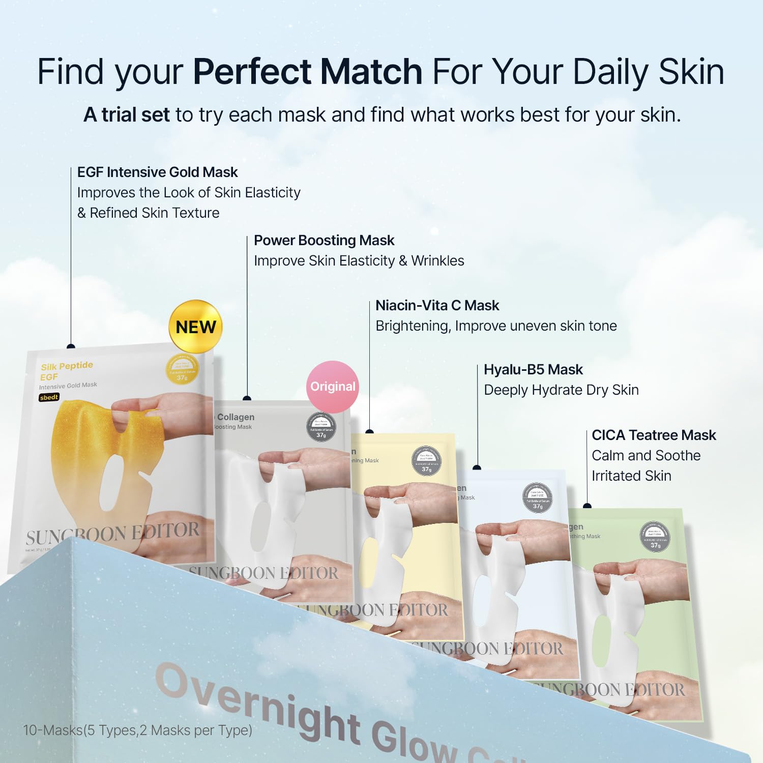 SUNGBOON EDITOR Deep Collagen Overnight Glow Mask Set, Korean Sheet Mask Trial Set with 10 Masks in 5 Types, Deep Collagen & Gold Overnight Mask for Hydration, Soothing, Glow and Firm-Looking Skin