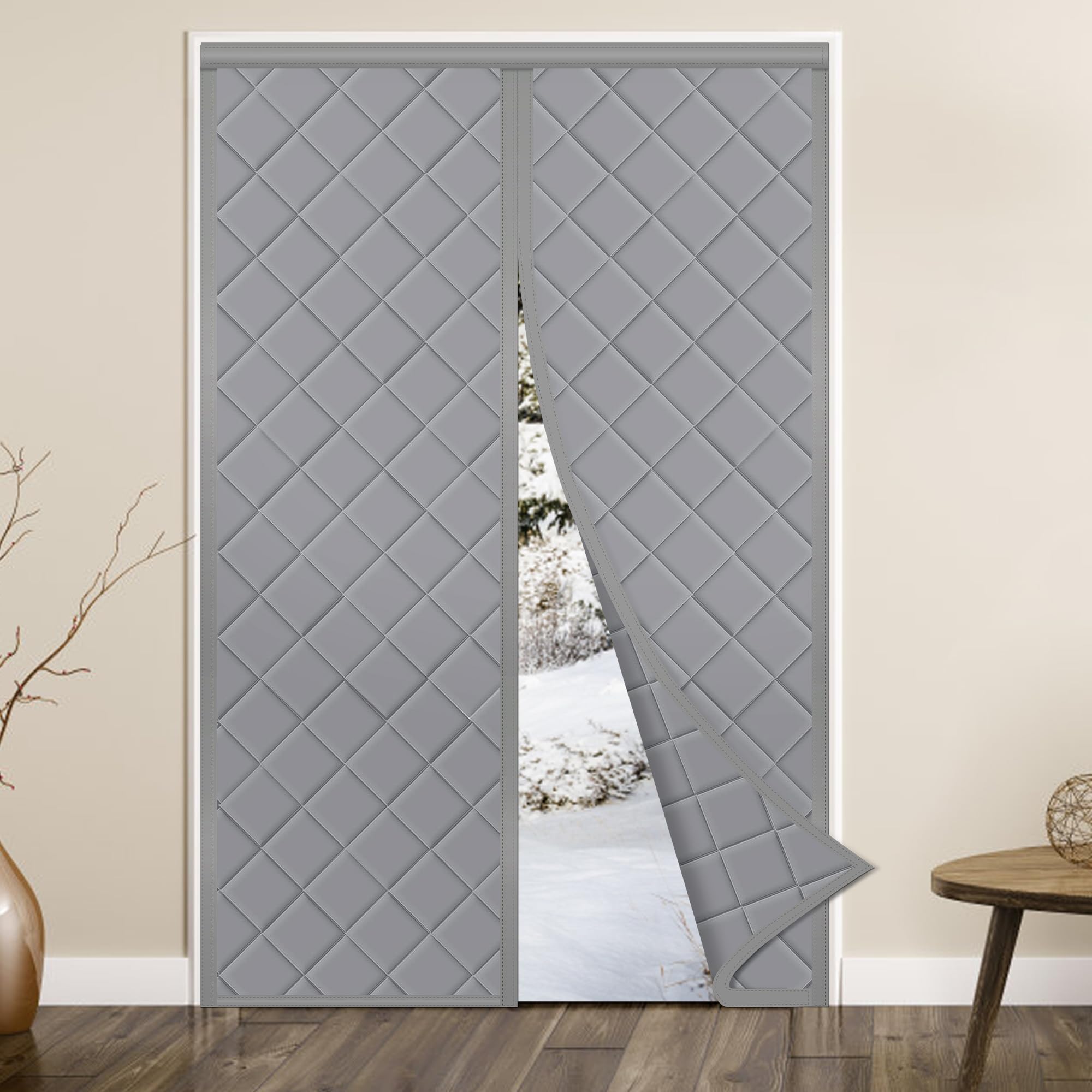 DUNSOO Cortina Termica puerta Magnética, Cortinas Termicas Aislantes Frio y Calor, Cortina puerta Interior Se Cierra Automáticamente Resistente al Viento, Aislante Termico (Gris, 100 x 210cm)