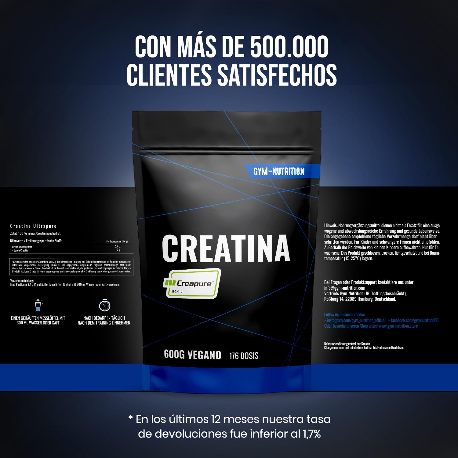 Creatina Monohidratada Creapure® – 600 g – Creatina Monohidrato Creapure en Polvo – Vegano – Envasado en Alemania - Creatine Monohydrate Powder