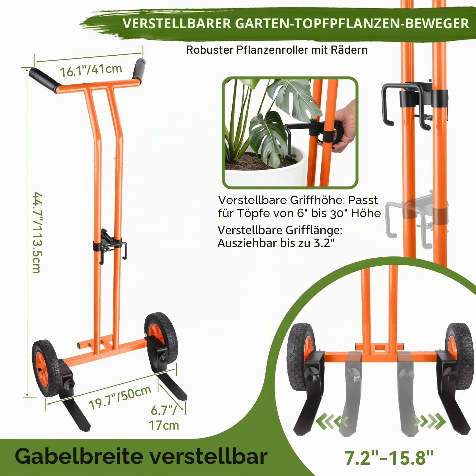 Pflanzen-Caddy mit Rädern, Pflanzenwagen, Topfpflanzen-Mover-Wagen | Robuster Pflanzenwagen mit verstellbarem Greifarm und Saugnäpfen, Topfwagen mit Gurt, für den Innen- und Außenbereich, 85 kg