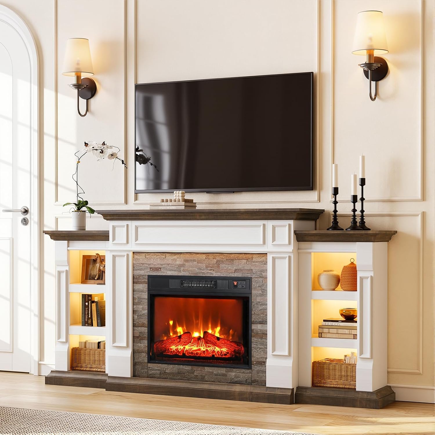 LGHM 72" Electric Fireplace with Mantel, LED Fireplace TV Stand for TVs Up to 80 Inch, Modern Entertainment Center with Storage, Fireplace Insert with Realistic Stacked Stone Surround for Living Room