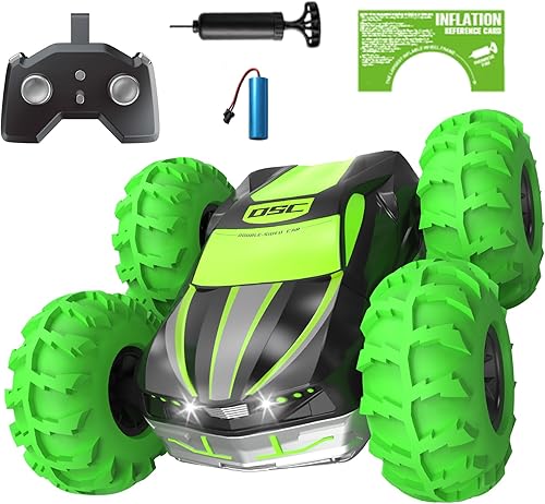 LM-15 Auto de control remoto para niños de 6 a 12 años, auto de acrobacias RC 4WD con neumáticos inflables, patrón de doble cara y flash LED, 2.4