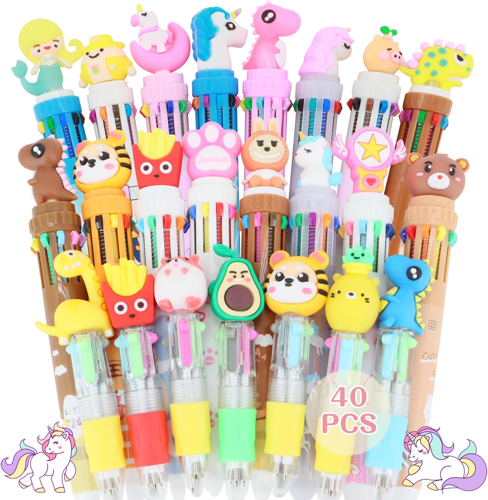 40 Pieces Multicolor Pens in 10 in 1 and 4 in 1 Fun Pens for Kids Cute Cartoon Ballpoint Pen Perfect for School Supplies, Birthday Gifts, Student Prizes