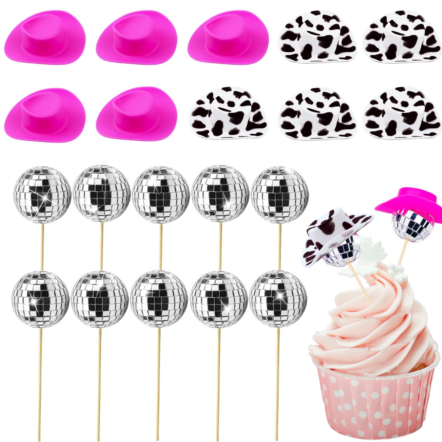 LAPOHI 20 Pcs Disco Cowgirl Party Cake Decorations 70s Disco Party Supplies (Black)
