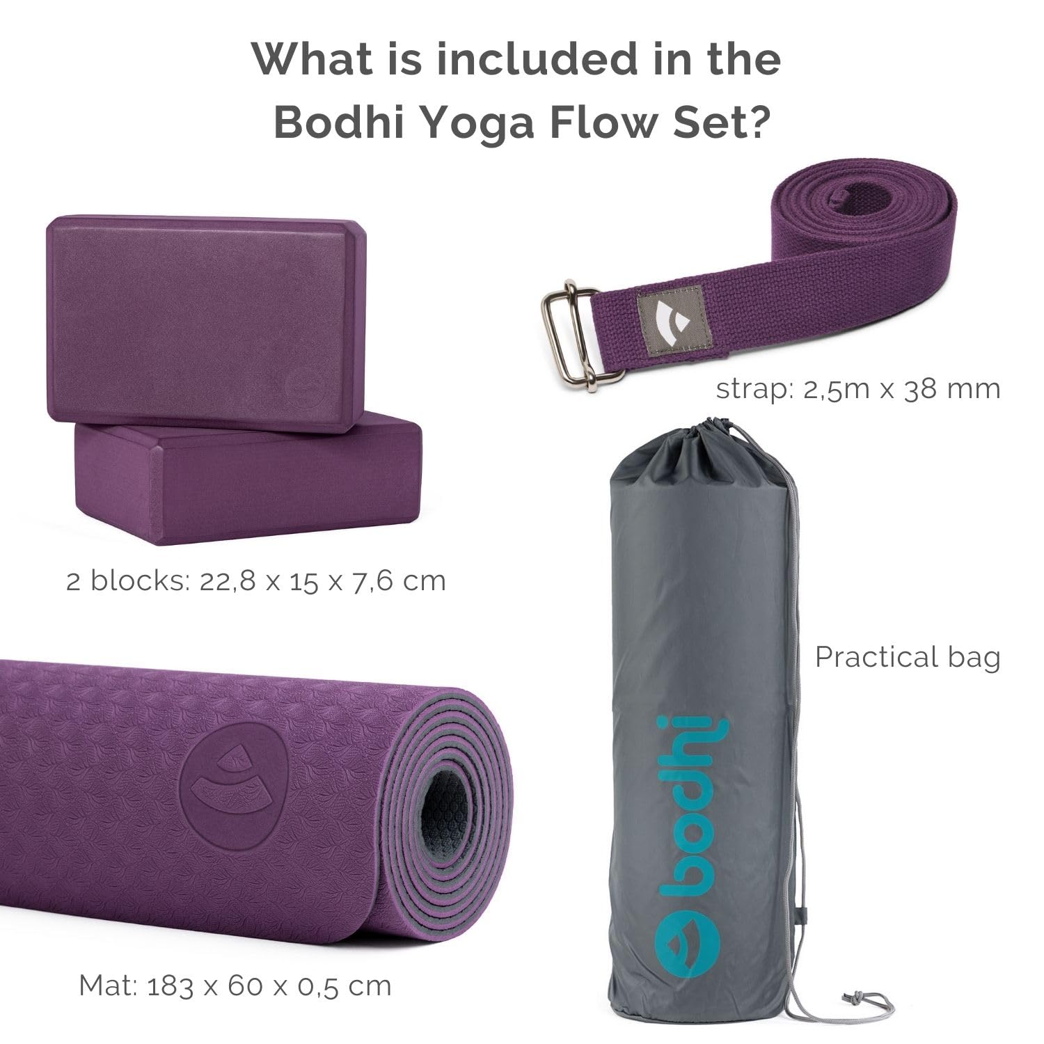 Set per lo Yoga “Flow”: 1 tappetino da yoga in TPE, 2 mattoncini da Yoga in gomma EVA (muschio), 1 cintura da yoga in cotone, set per principianti di yoga
