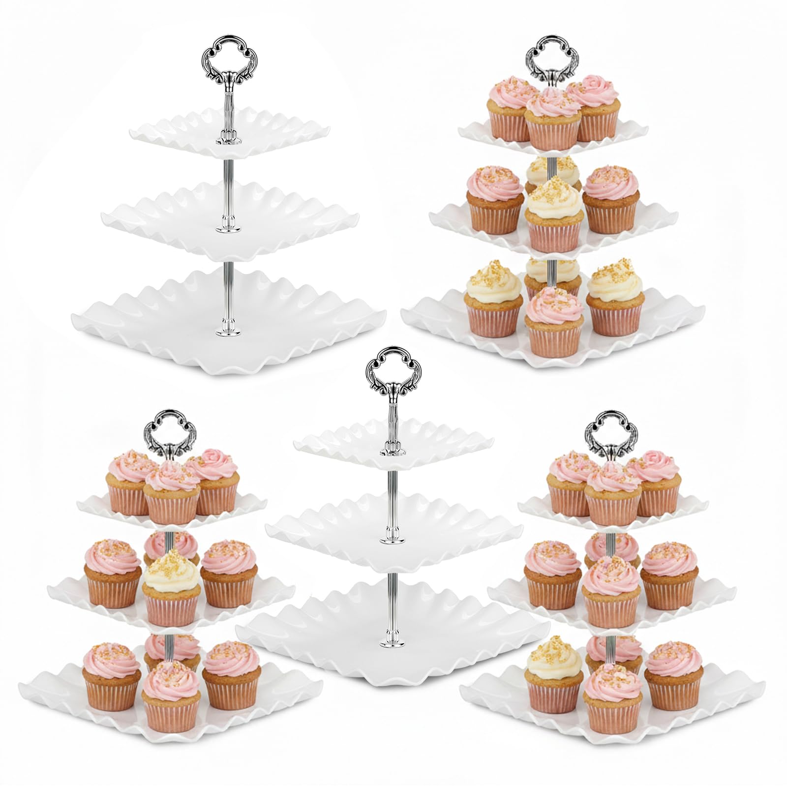 NWK Pack of 5 Large Square 3-Tier Cupcake Stand 31cm Height Plastic Cake Stand Food Round Display for Wedding Birthday Graduation Afternoon Tea Party — image 1