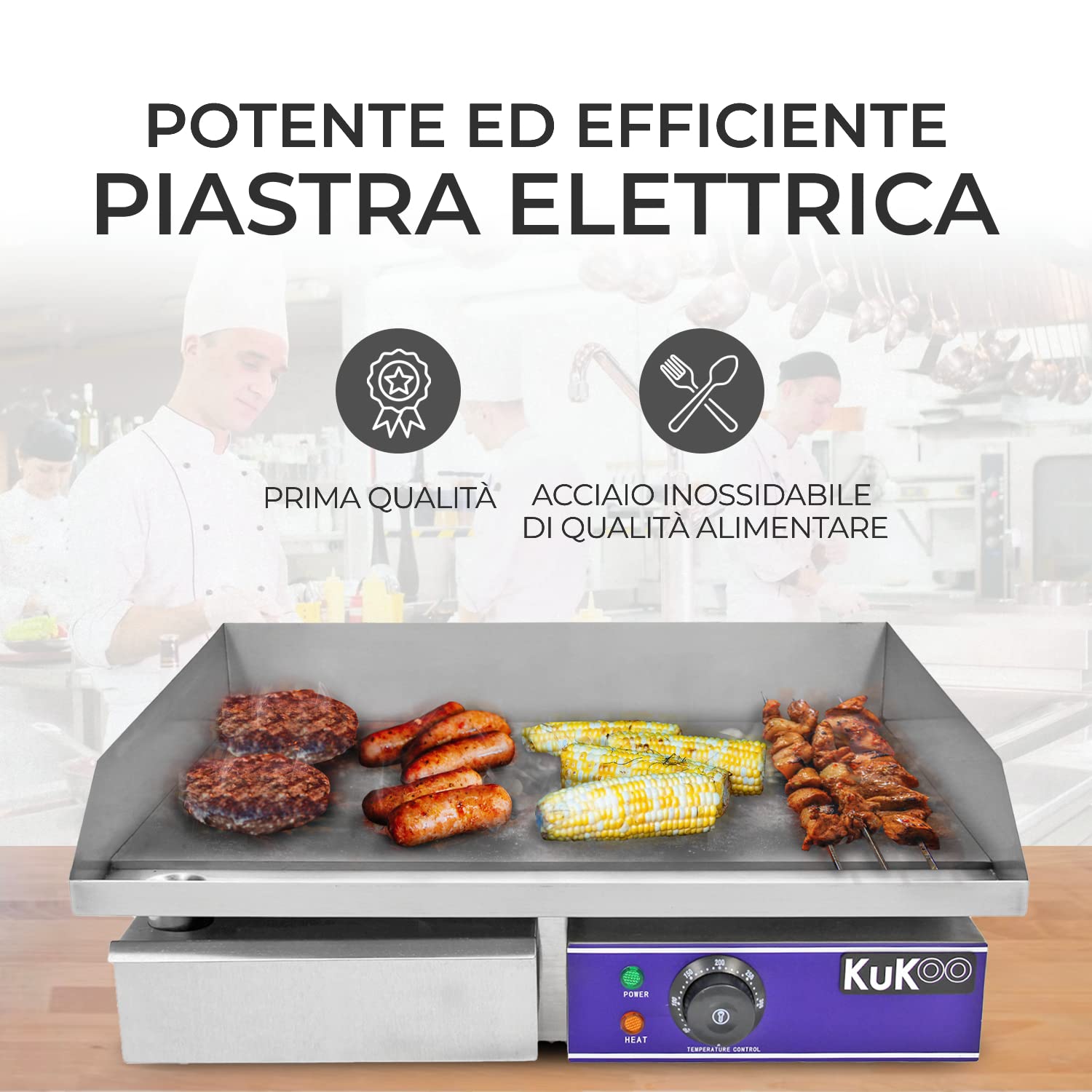 Kukoo - Piastra Elettrica da Cucina in Acciaio Inossidabile Griglia Professionale Liscia Bistecchiera da Bar Ristorante - 50cm