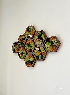 Moss Wall Art | Honeycomb Moss Single to Set of Twelve | Black Frame Wood Hexagon | Green with Yellow Preserved Flowers (Pine, Set of Six)