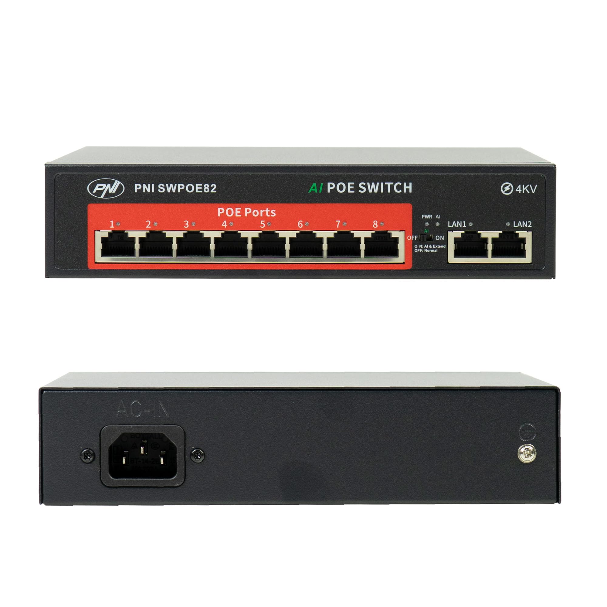 Switch POE SWPOE82 PNI, 8 porte POE da 100 Mbps e 2 porte UP Link da 100 Mbps, 120 W, funzione AI Extend fino a 250 m, protezione contro i fulmini da 4 kV