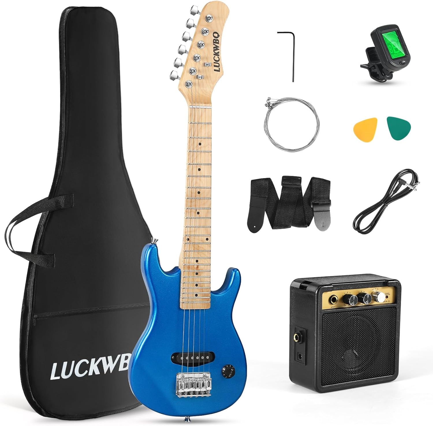 30 Inch Kids Electric Guitar Beginner Kits ST Style Mini Electric Guitar for Boys Girls，Electric guitar Starter Kit w/ 5W Amplifier, Strap, Gig Bag, Strings, tuner，strings，Picks （Blue）