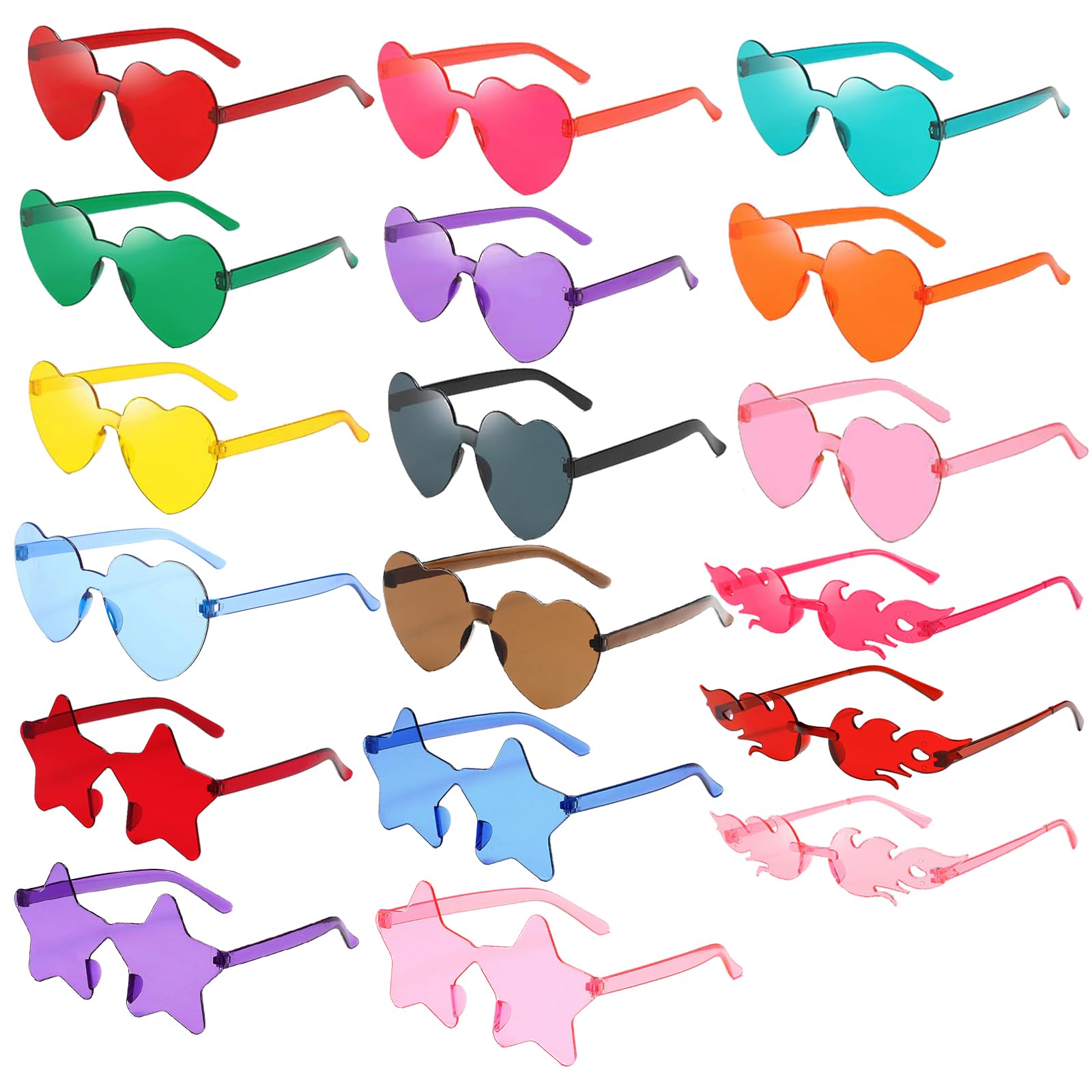 18 PCS Gafas de Fiesta,Gafas de sol sin montura con forma de corazón/estrella Llamas de Fuego,Gafas de Fiesta de Color,Para Fiesta Temática de Baile de Carnaval Cumpleaños