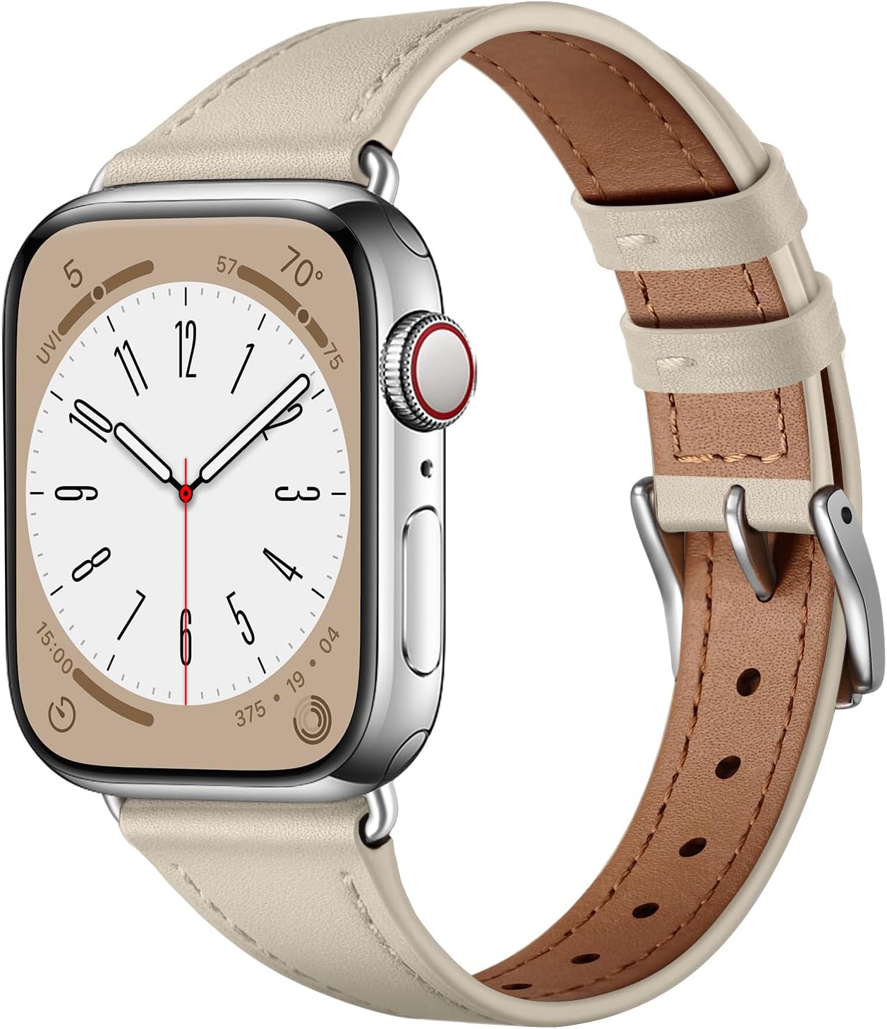 slim leather bands compatible with apple watch band 42mm 41mm 40mm 38mm, genuine leather replacement strap for iwatch series 11/10/9/8/7/6/5/4/3/2/1 se 3/2/1 women, starlight/silver starlight/silver 38mm/40mm/41mm/42mm(series 11 10)
