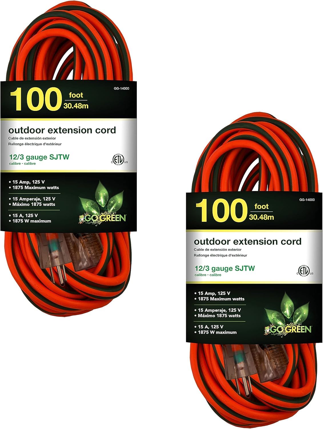 GoGreen 100ft 12/3 Heavy Duty Extension Cord 2-Pack $133.36