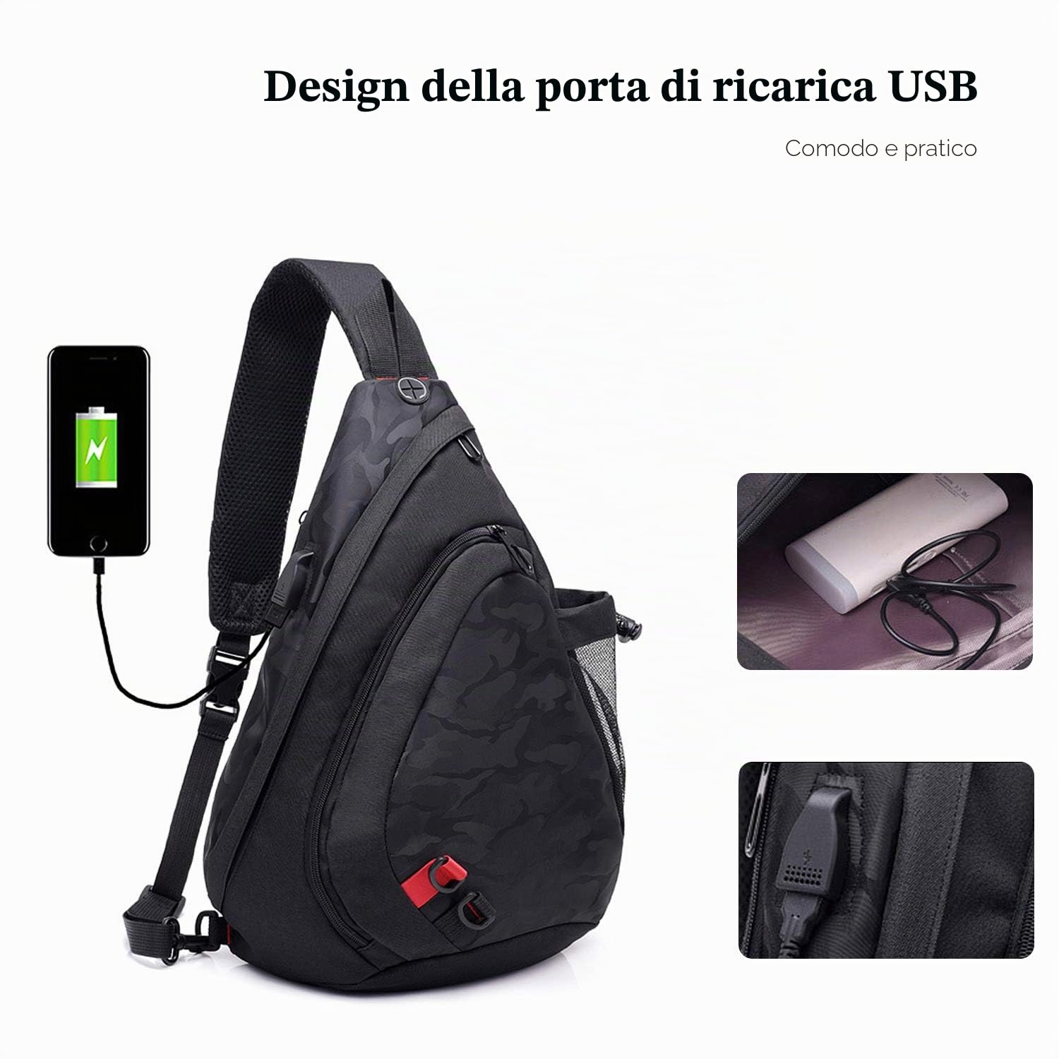 FANDARE Leggero Zaino Monospalla Sling Bag Borsa a Spalla Uomo Donna Borsello a Tracolla con USB per Scuola Outdoor Sportiva Ciclismo Viaggio Hiking Camping Crossbody Backpack Durevole Poliestere