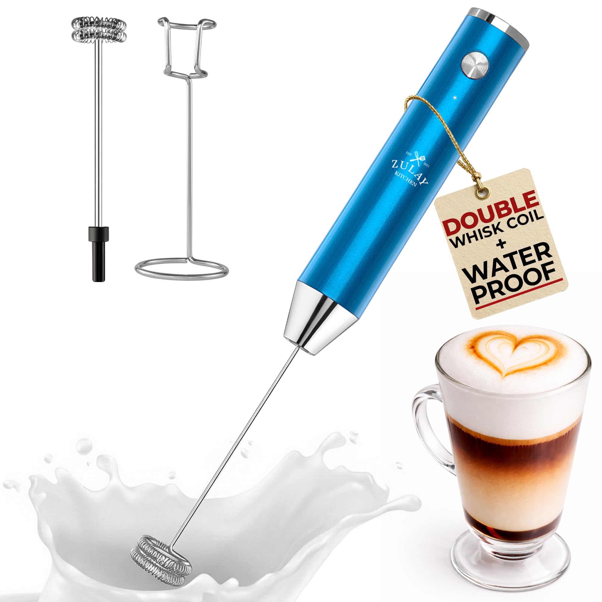 Zulay Kitchen Rechargeable Milk Frother Handheld - Frother Wand, Drink Mixer, Electric Whisk Frother, for Cappuccinos, Matcha &amp; Protein Powder - Lux Double Whisk 2 Speed Waterproof 2000mAh Blue