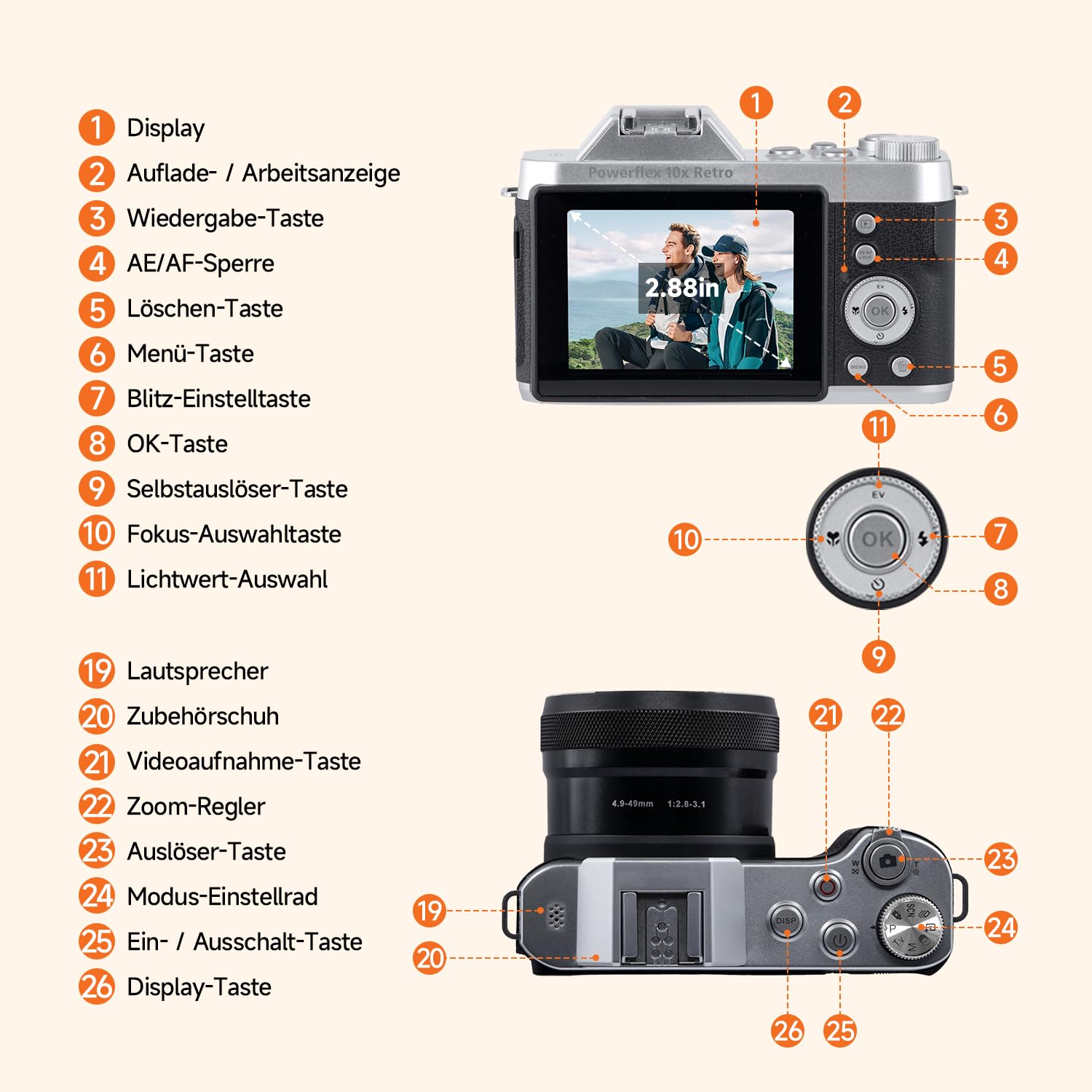 Rollei Powerflex Digitalkamera 10x Retro 10X Optischem Zoom((2,88" Display) 64MP 4K Fotokamera mit Akku Fotoapparat mit 8 Fotomodi Tragbar Kompaktkamera Vintage, Digital-Kamera-Fotoapparat-Camera