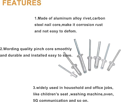 Miniatura 4 de binifiMux 205 remaches ciegos de aluminio, 7 tamaños, kit surtido de remaches pop, tono plateado