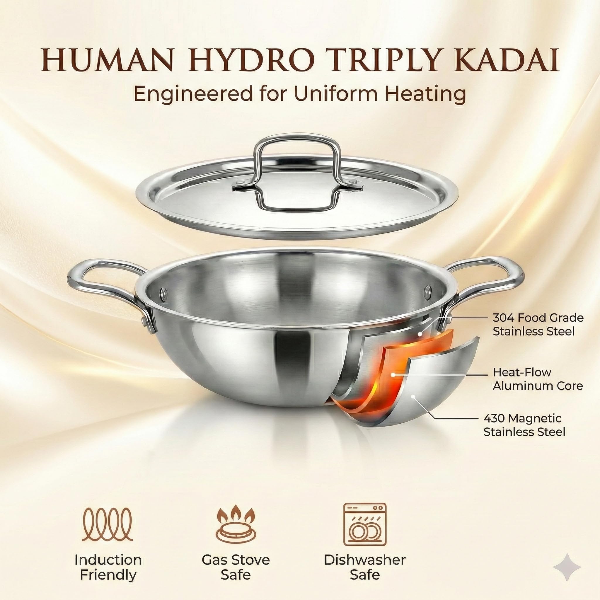 Human Hydro Triply Stainless Steel Kadai (24CM/2.8L) with Lid | 3-Layer Steel–Aluminium–Steel | Induction & Gas Compatible | Easy to Clean | Heavy-Duty for Frying & Curries 1