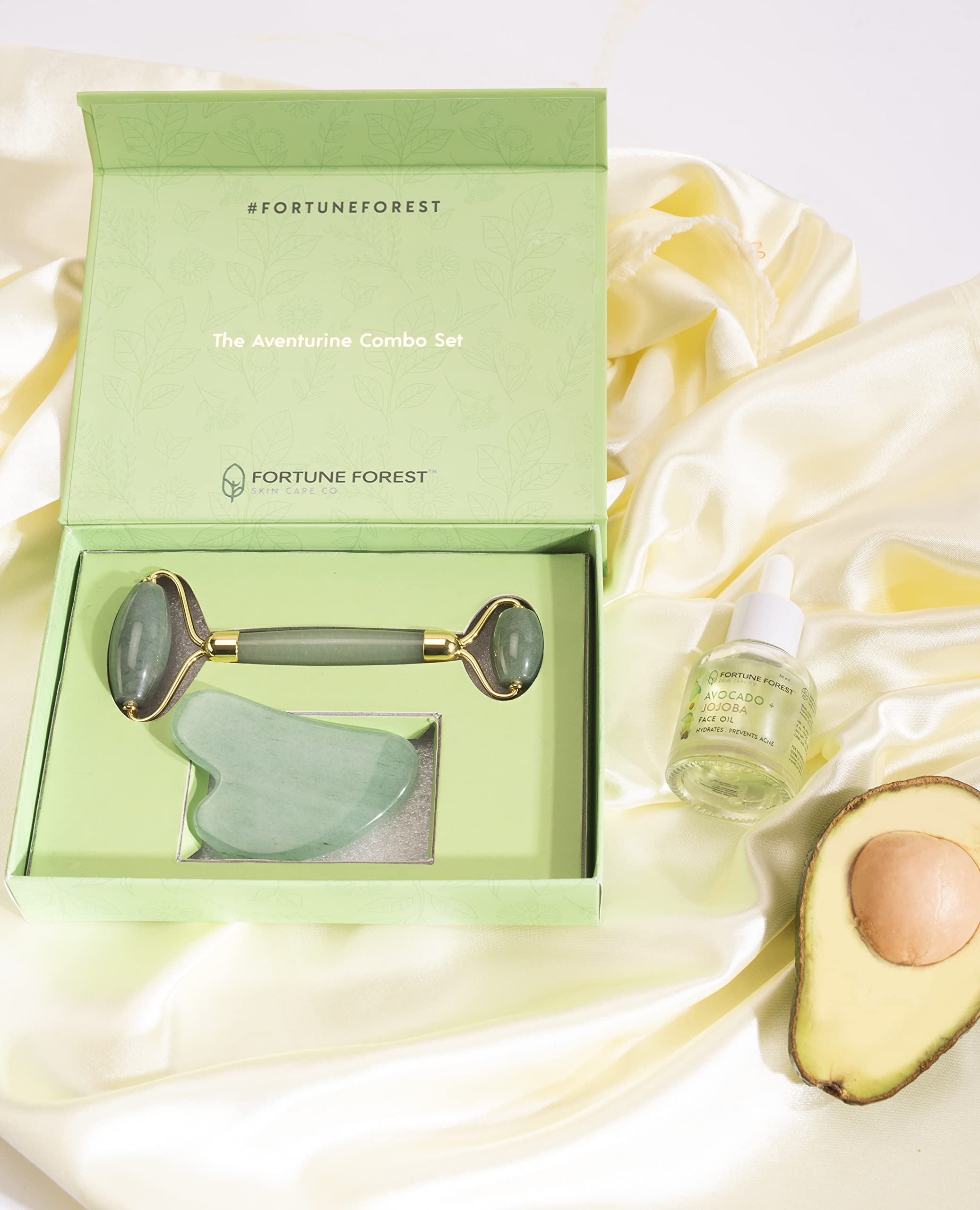 FORTUNE FORESTGreen Jade Roller And Gua Sha With Avacado Oil 30 Ml Supports Skin Rejuvenation,Relaxing And Stimulating Blood Flow,Relieve Fine Lines&Wrinkles