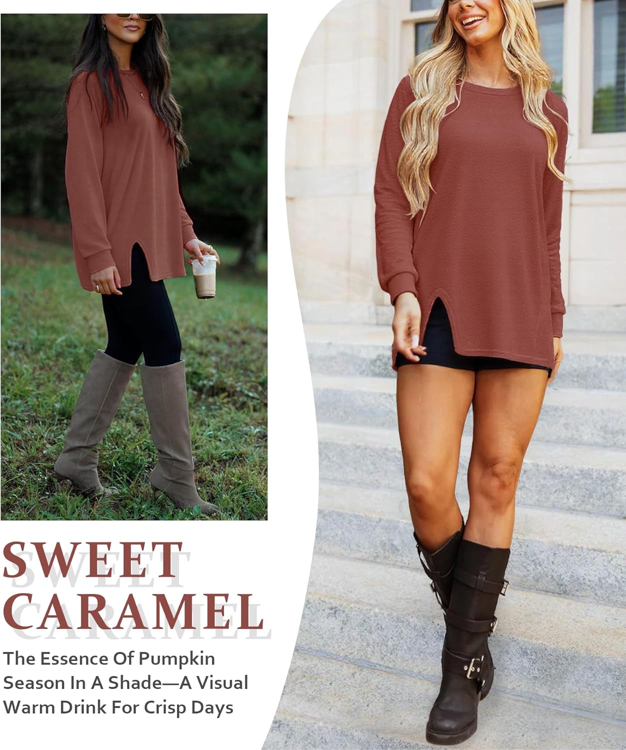 Odosalii Womens Crewneck Sweatshirt Loose Fit Long Sleeve Shirts Trendy Oversized Sweater Fashion Side Slit Pullover Tops - Image 4