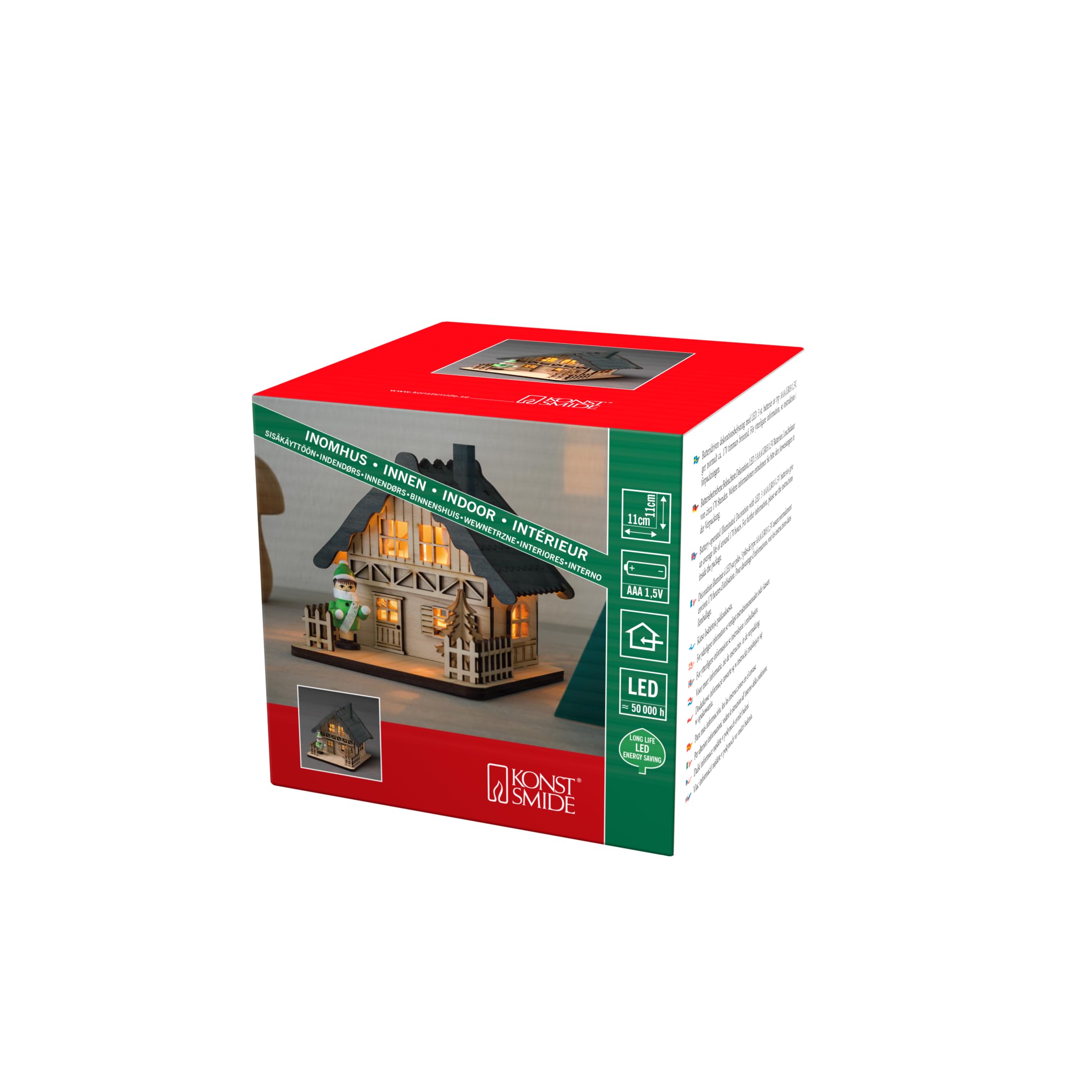 Konstsmide 3232-100 LED drewniany dom "Scena bożonarodzeniowa" z szarą lampką bożonarodzeniową na dach/do użytku wewnątrz (IP20)/4 diody o ciepłej bieli/zasilanie bateryjne: 3 x AA 1,5 V (z