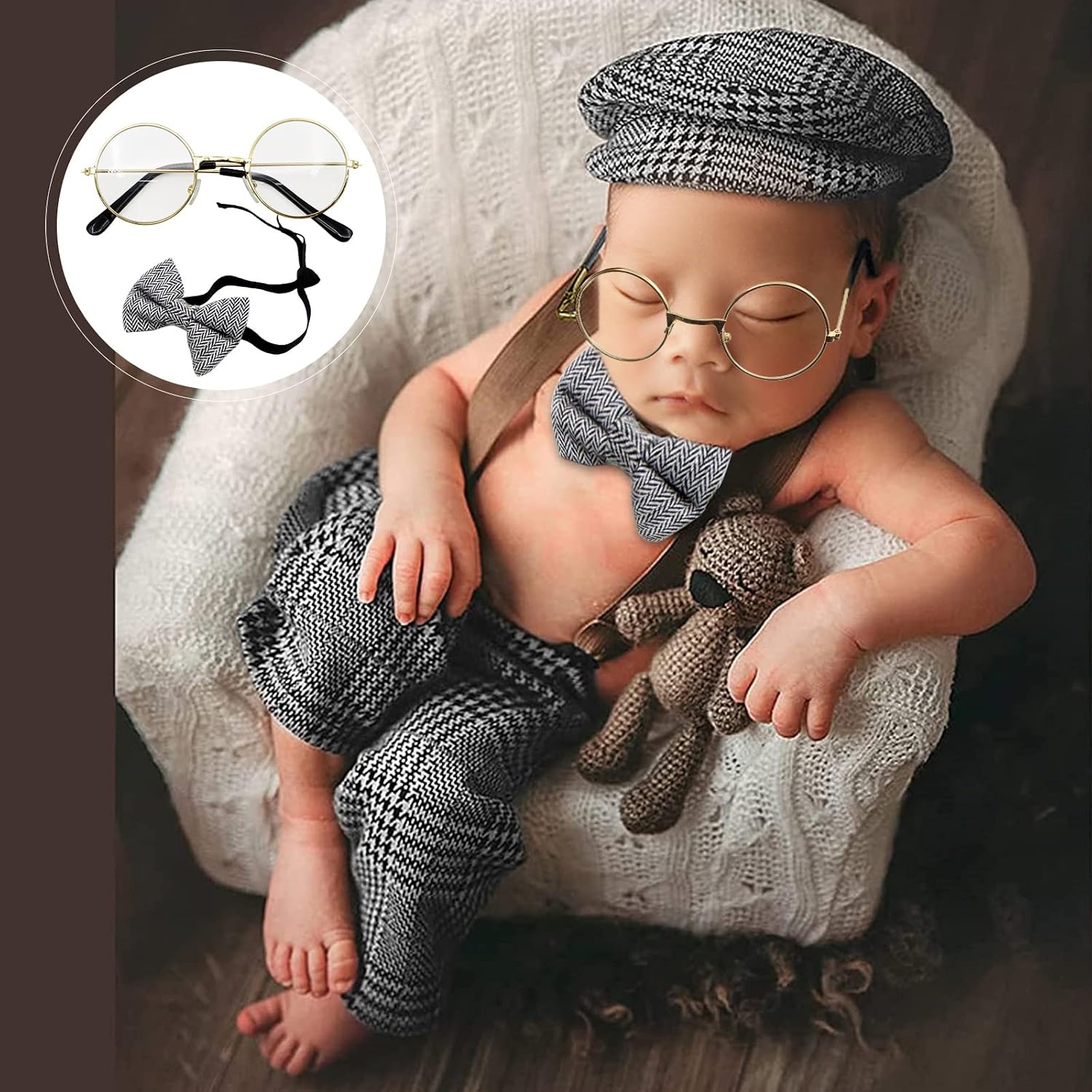 4 Pcs Newborn Baby Photo Props, Lattice Rompers Suspender Pants with Beret Glasses Bow Tie for Infant Boys' Costumes, Newborn Boy Photography Outfit Set (Grey)