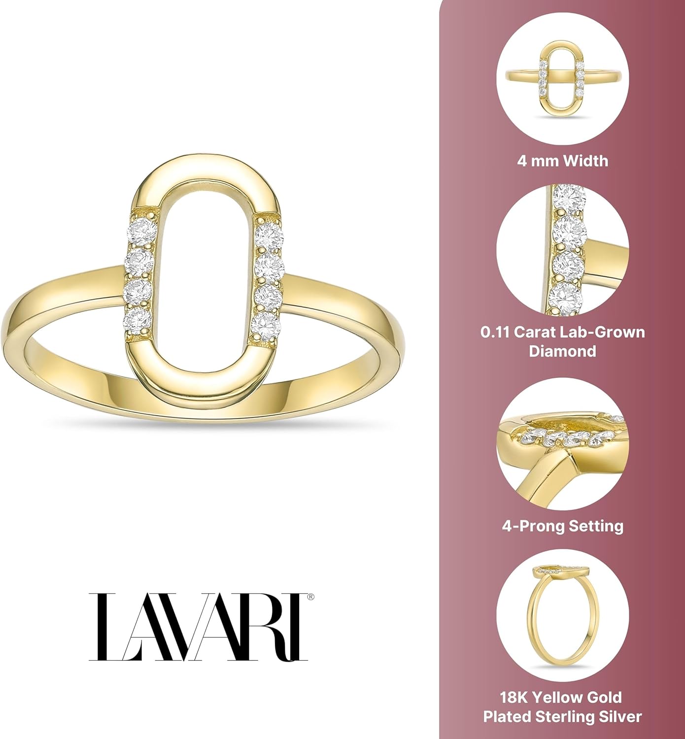 Lavari Jewelers 1/10 Carat Lab Grown Diamond Oval Ring for Women I 925 Sterling Silver with 18k Yellow Gold Plating Ring for Her I Statement Promise Anniversary Wedding Band Size 5 to 9
