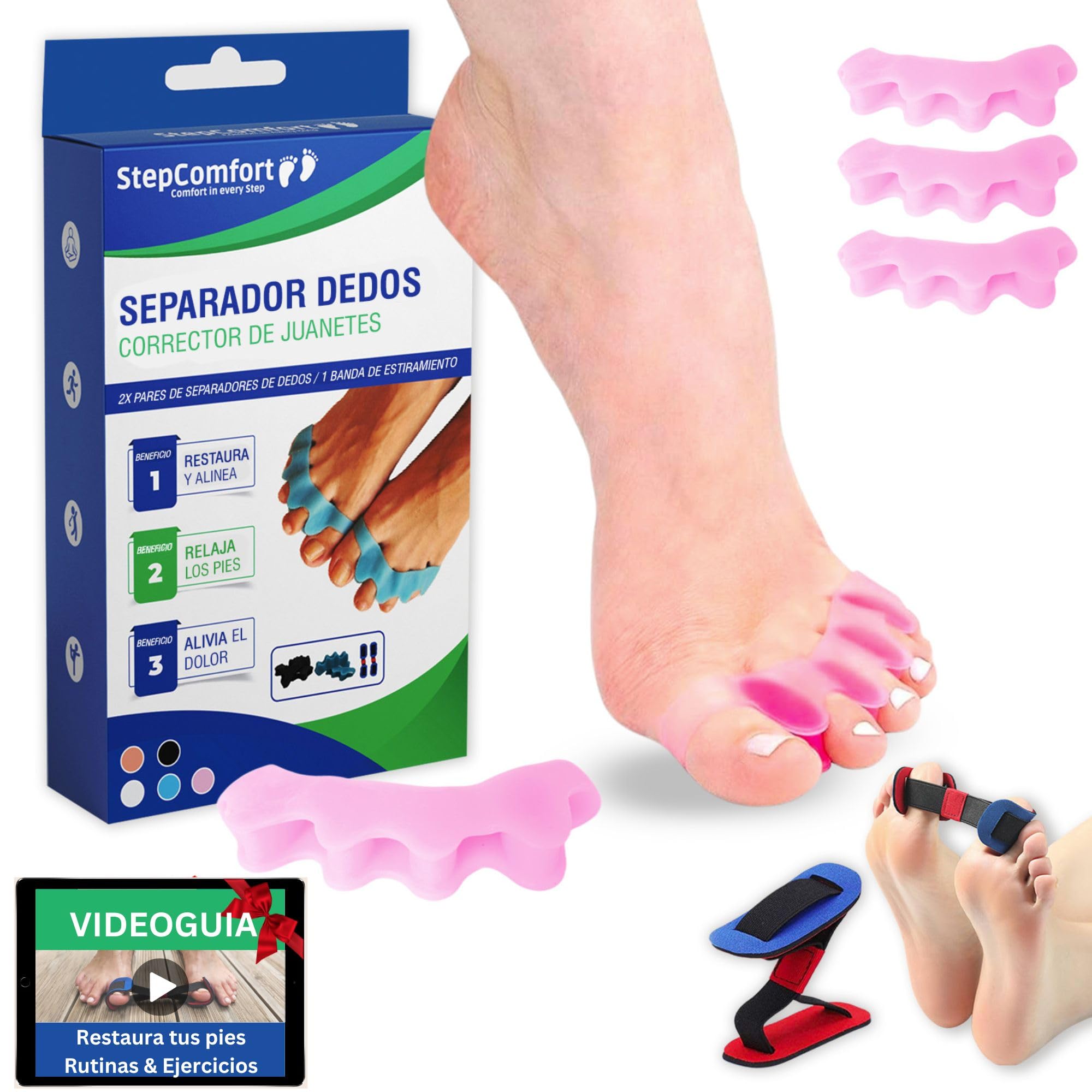Stepcomfort Pack de Separador dedos pie Silicona (2 pares) + 1x Corrector Juanetes Mujer y Hombre Elástico para corregir dedos superpuestos o torcidos - Restaura de forma natural (Rosa)