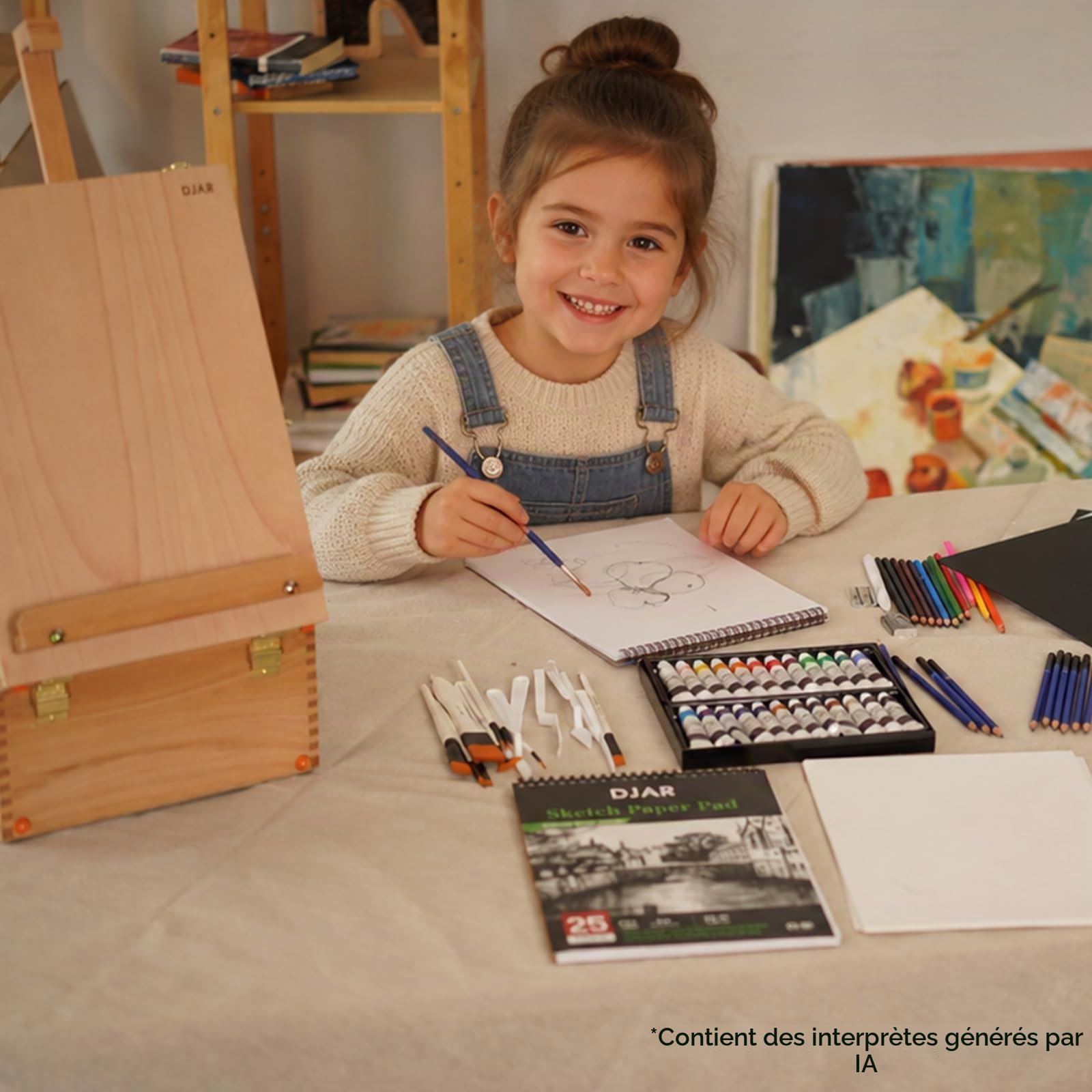 DJAR Kit de Peinture Acrylique 87 Pièces avec Chevalet de Table, Coffret d'Artiste Complet avec 24 Couleurs, Crayons de Croquis et Aquarelle