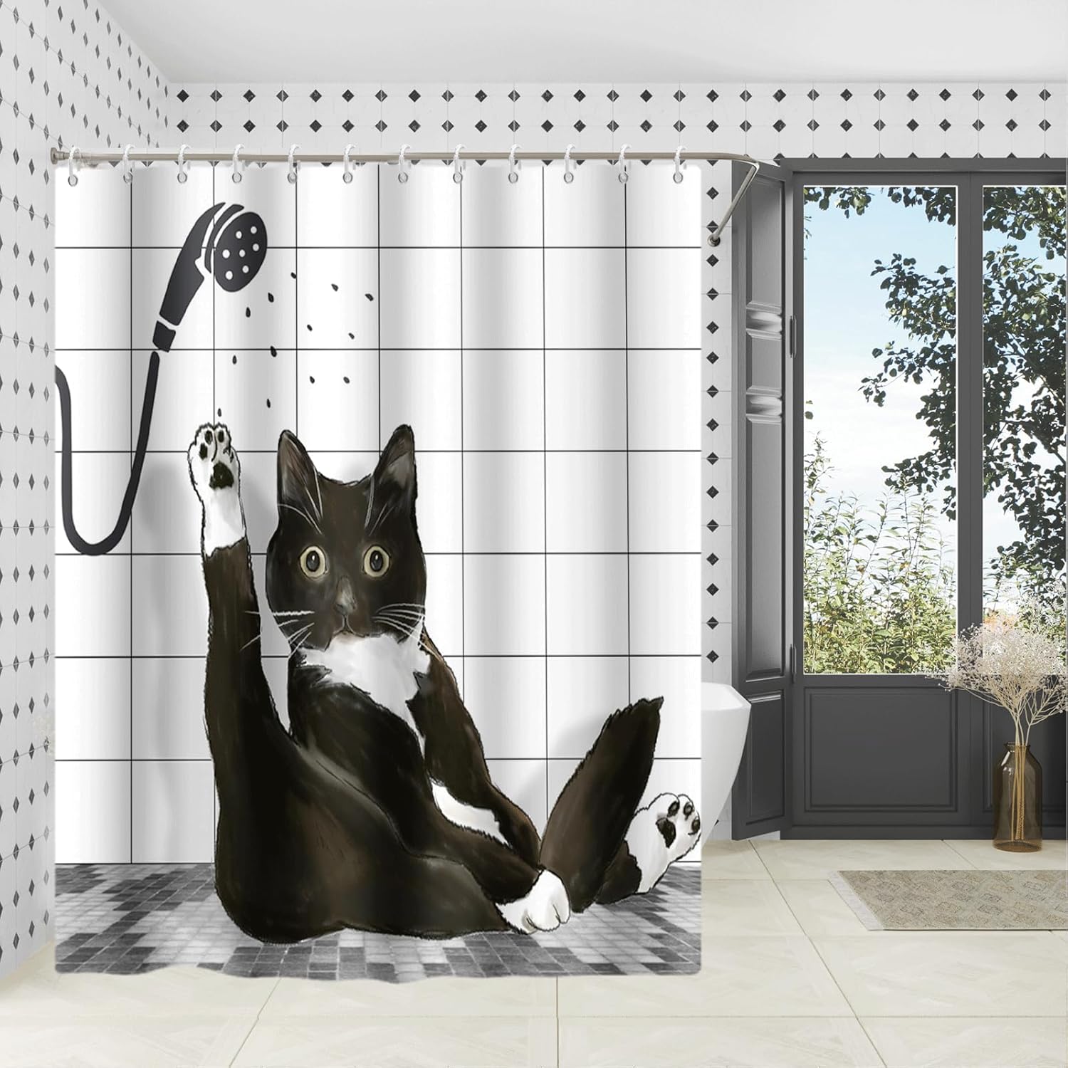 Funny Cat Shower Curtain Set Black White Cute Kitten Taking Shower Design Shower Curtain for Bathroom Kids Polyester Waterproof Bathroom Decoration with 12 Hooks, 72x96in