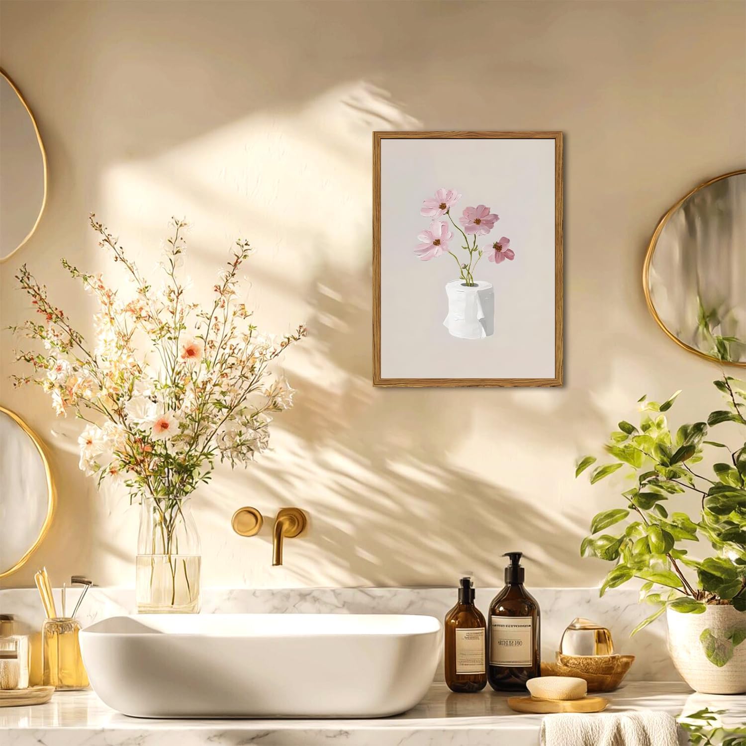 Framed Bathroom Wall Art, Funny Pink Floral Toilet Paper Pictures Wall Decor, Minimalist Flower Paintings Canvas Prints Aesthetic Home Decor for Bedroom Dorm Office 16x24 inch