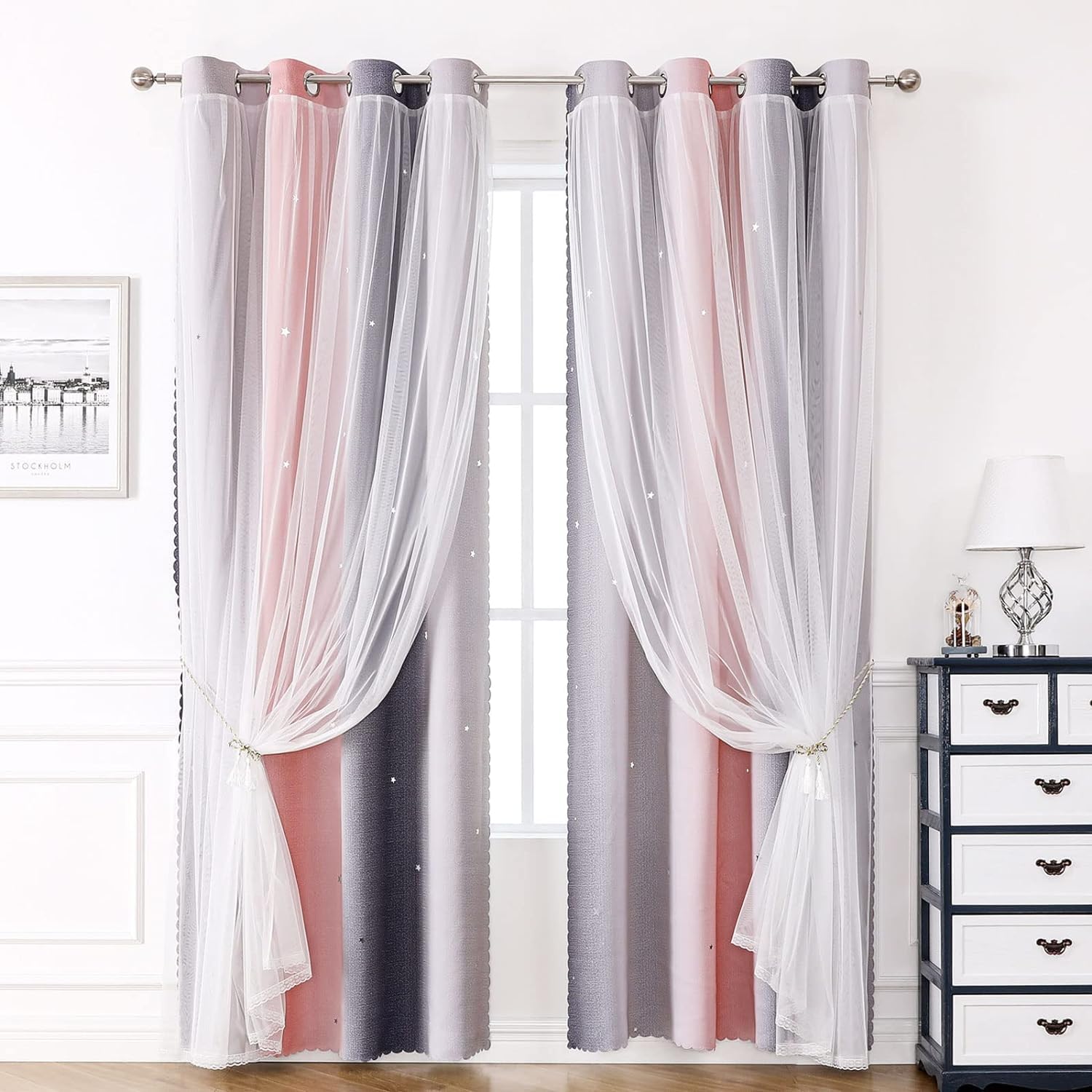HOSIMA Tenda Oscurante Con Occhielli – 117x138 Cm, Motivo Ondulato Luna E Stelle, Morbida E Avvolgente Per Soggiorno E Cameretta