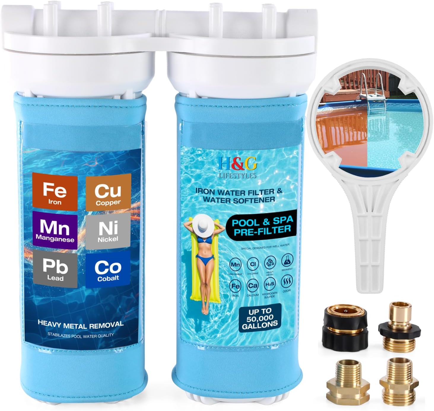 H&G lifestyles Iron Filter for Garden Hose,Hose Filter for Filling Pool Hot Tub Spa,Water Filter and Softener System for Swimming Pool,3/4" GHT Adapter,Up to 50,000 Gallons