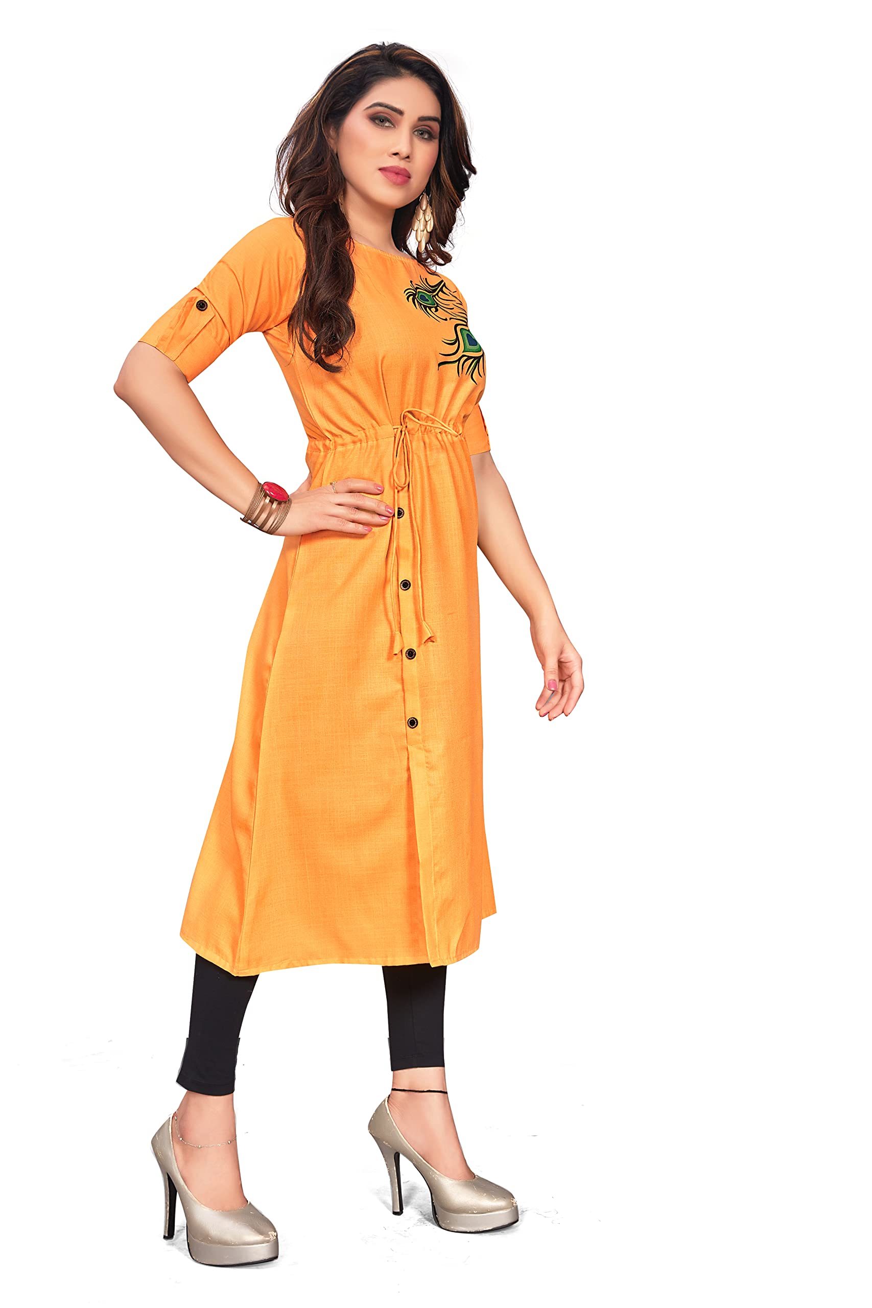 Leriya Fashion Designer Slub Cotton Fully Stitched Anarklai Kurti For Women & Girls On Jeans Palazzo Or Shrt (Xx-Large, Yellow)