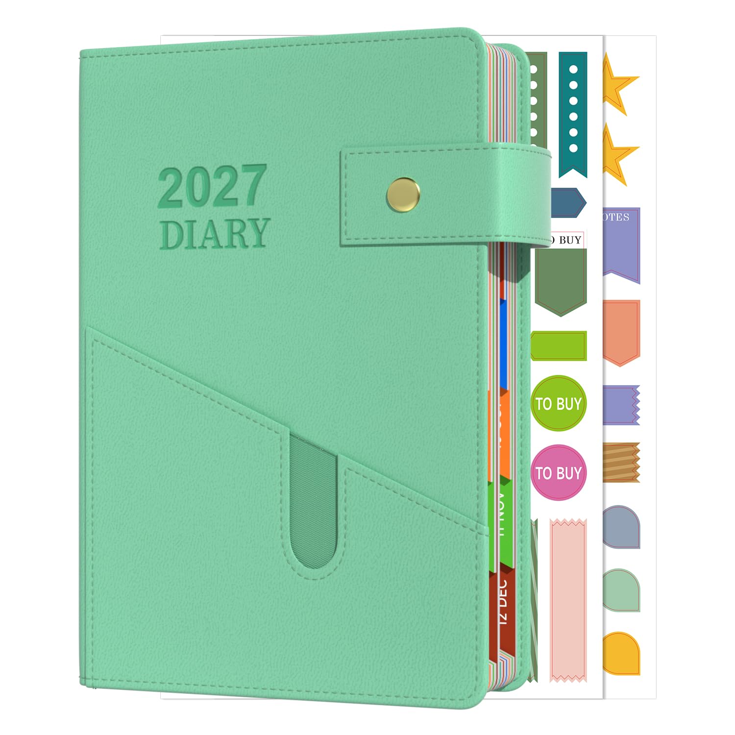 Sailingvan Diary 2027 A5 Page a Day with Button Strap,January 2027-December 2027, Monthly Overview Daily Planner, Colorful Monthly Tabs, Front Pocket, Pen Holder & Planning Stickers (8.5'' x 5.8'')