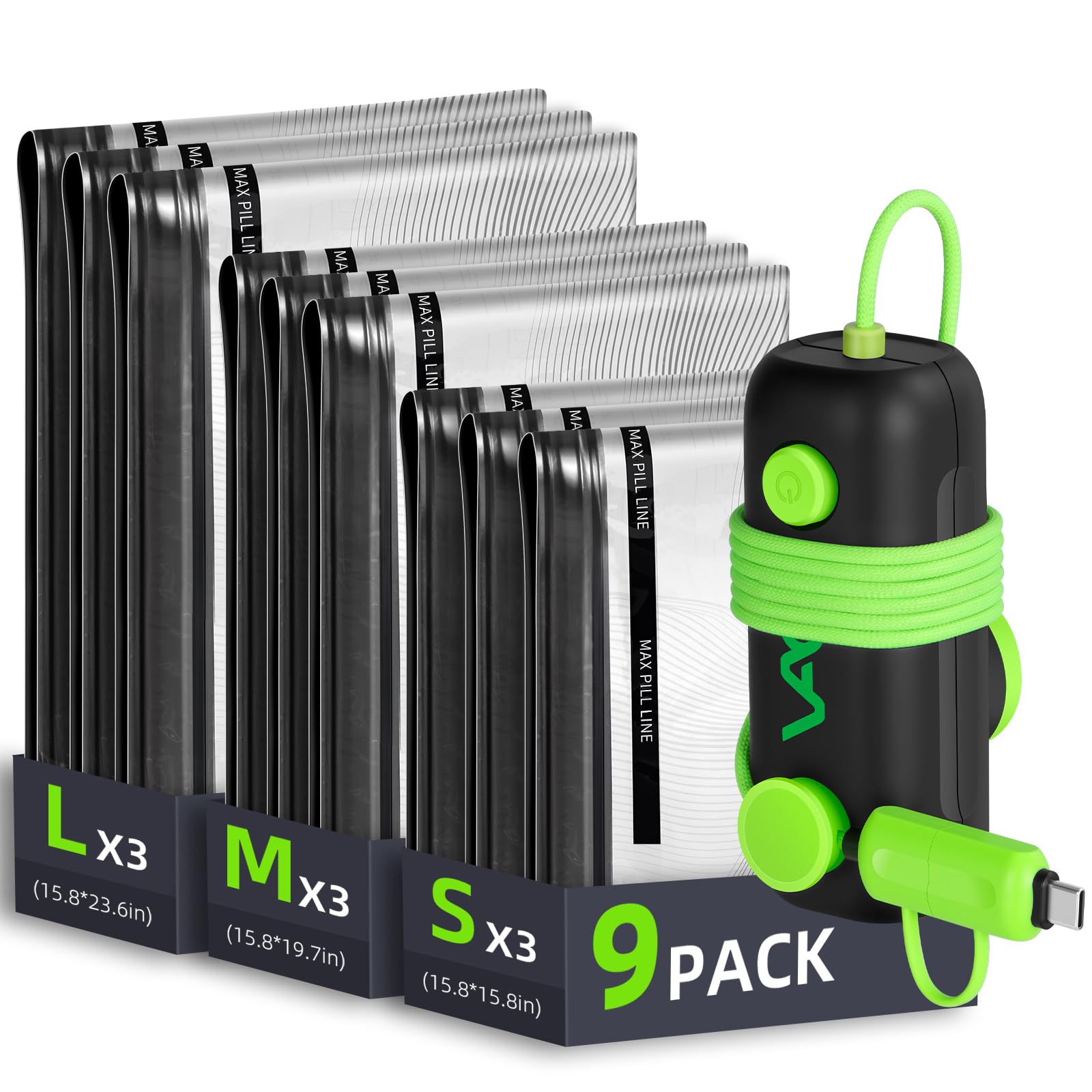 Vacuum Bags for Travel - USB Electric Pump 9 Pack Carry-on Size Vacuum Seal Bags for Clothing -