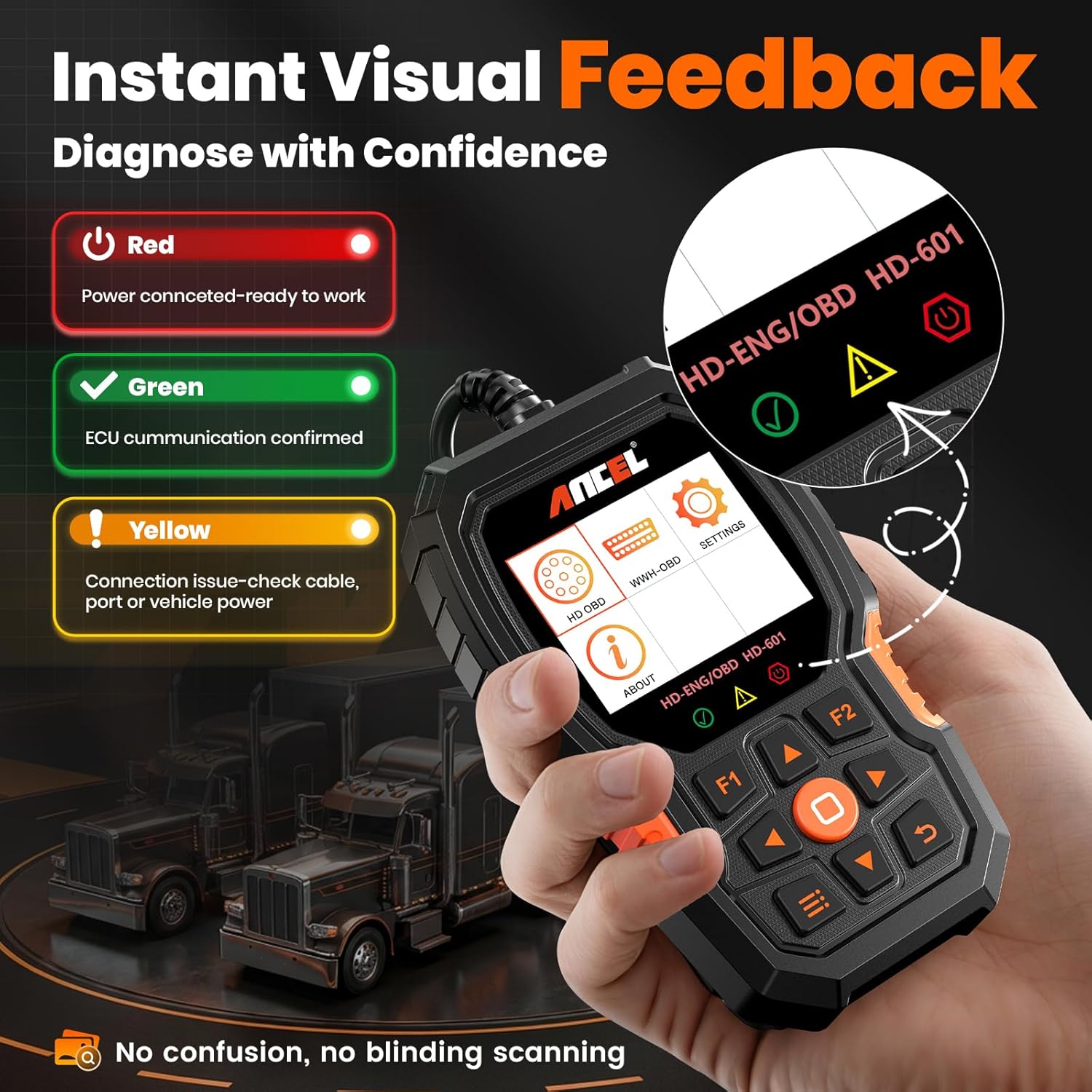 ANCEL Heavy Duty Truck Scanner HD601 All System Diesel Diagnostic Scan Tool fits for Cummins, Detroit, Freightliner, International, Paccar, Check Engine for Truck & Car 2 in 1 Code Reader