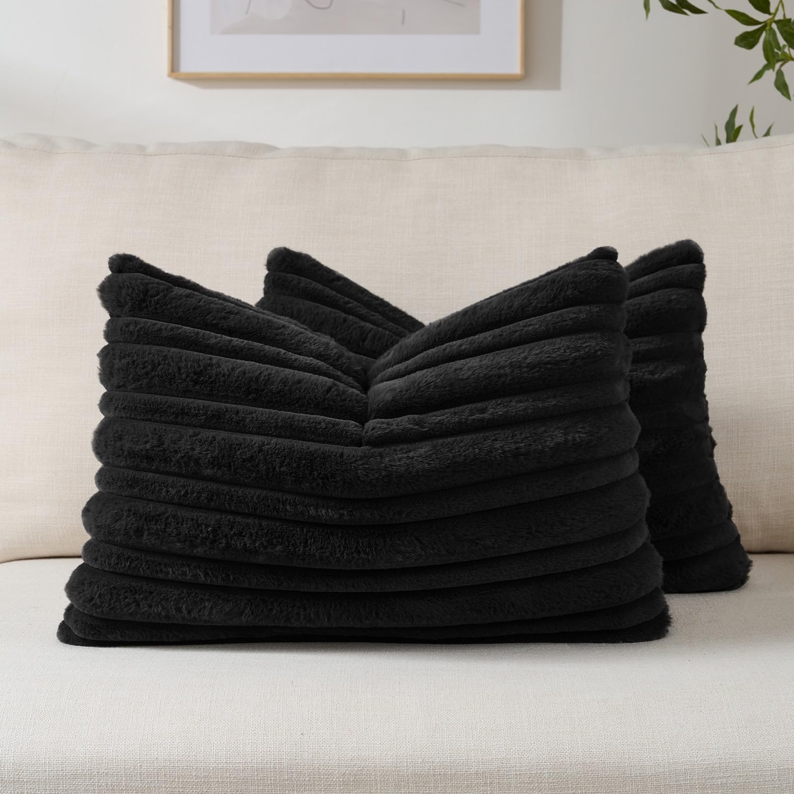 FUTEI Set of 2 Fluffy Faux Fur 30x50 cm Cushion Covers Double Sided Soft Plush Striped Textured Scatter Pillowcase 30 x 50 cm Modern Accent for Sofa Bed Living Room, Black