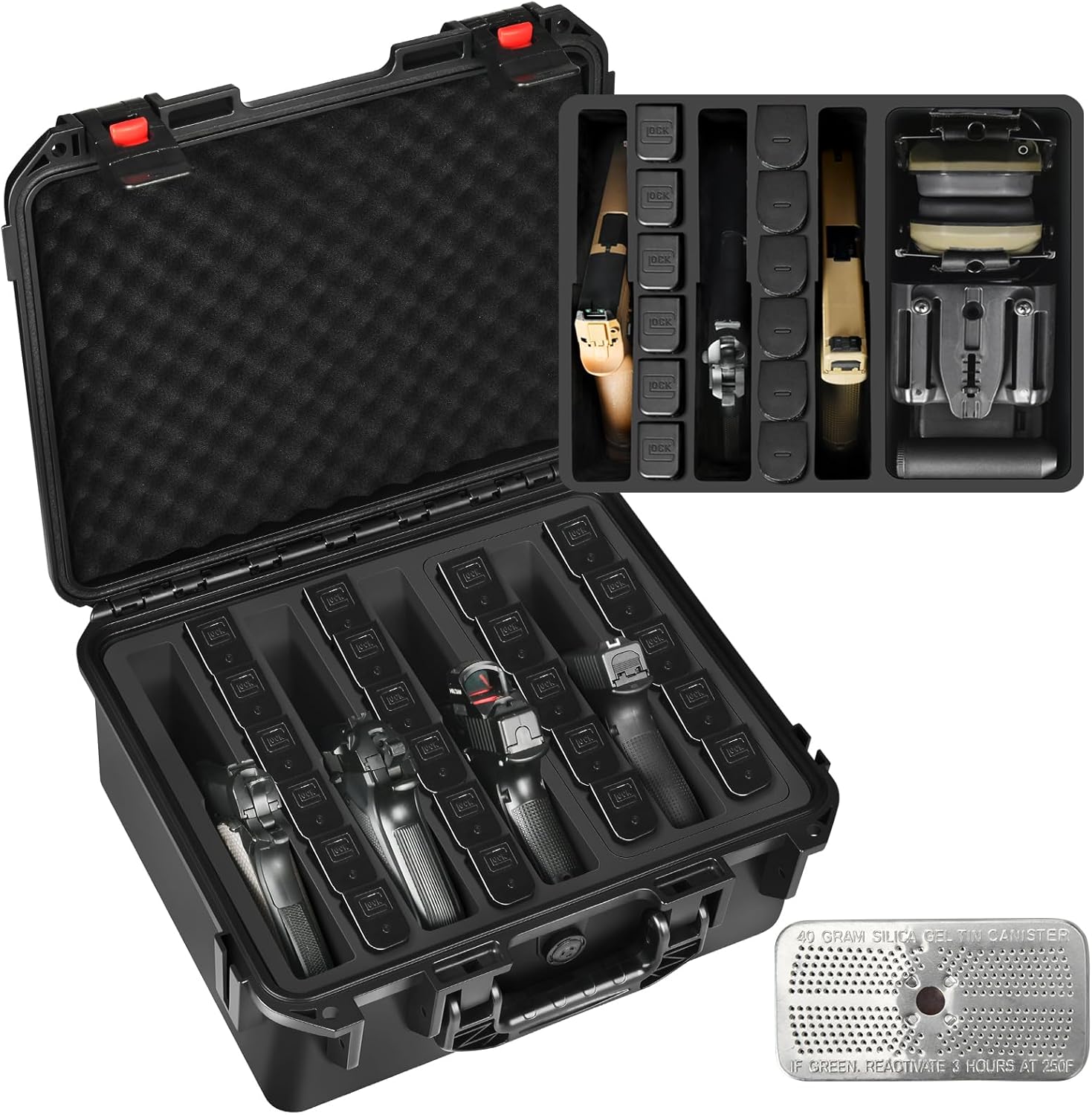 Gun Pistol Case for Multi Handguns - Holds 4 Hand Guns Case & Magazines + 9mm Ammo Box Storage Case - Waterproof Ammo Case Organizer Durable 3-Layer 1200+ Round